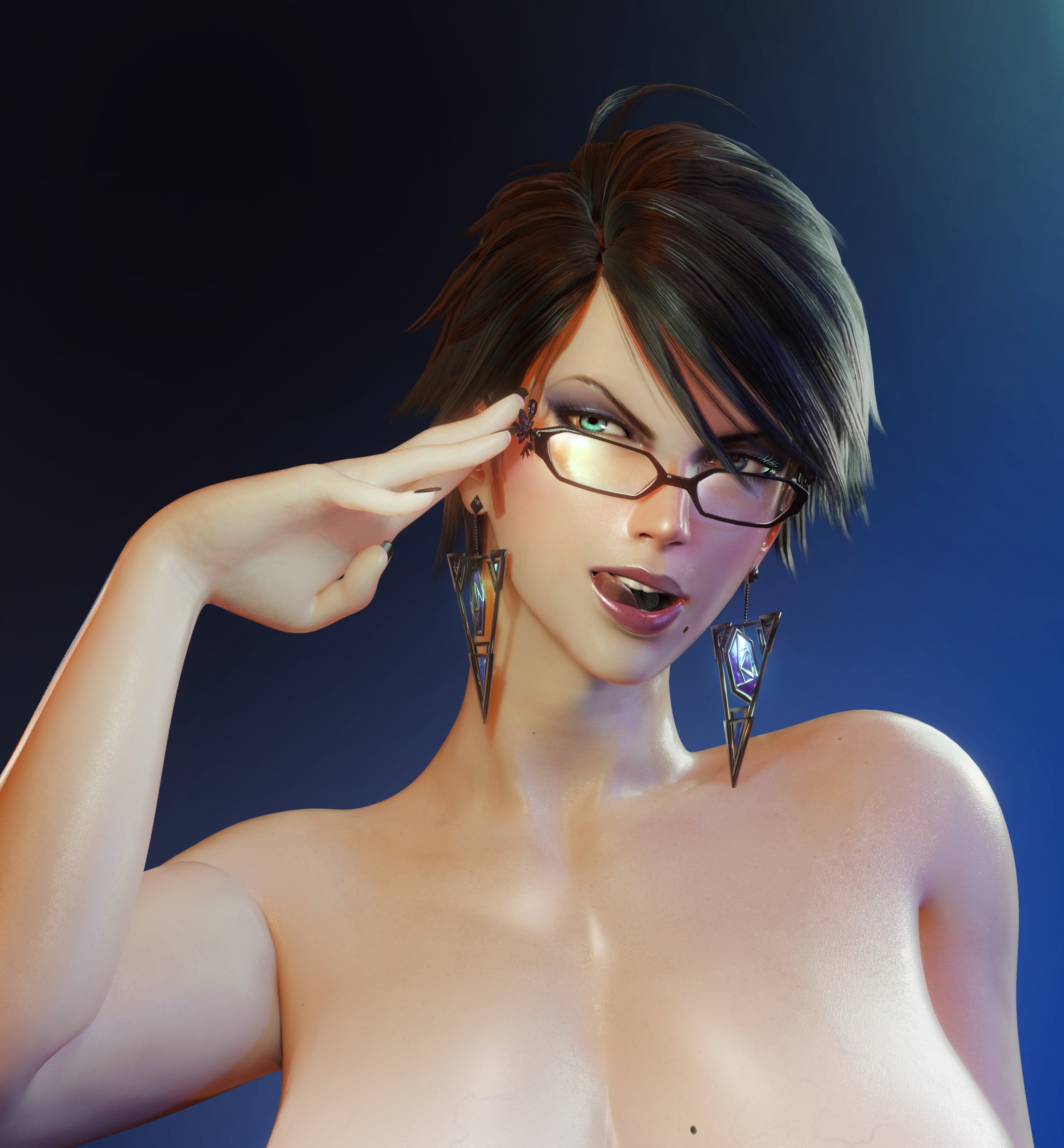 1girls, 3d, bayonetta, bayonetta (character), combos-n-doodles, implied nudity, licking lips, salute, saluting, shiny skin, solo, topless