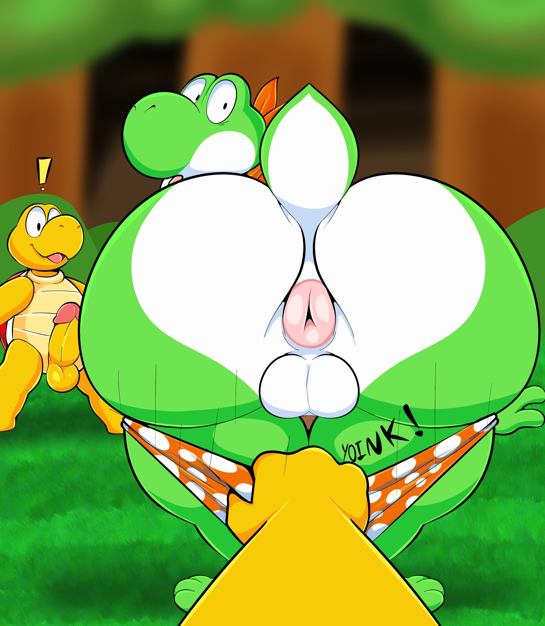 !, 3boys, anus, ass, ass up, assisted exposure, balls, big ass, butt shot, erection, eroborus, forest, furry, gay, happy, koopa, koopa troopa, looking at viewer, looking back, male, male only, male pov, male/male, mario (series), multiple boys, multiple males, nintendo, outdoors, pantsing, panty pull, penis, penis out, plant, pov, pov hands, solo focus, tail, tepigfan101, testicles, tree, underwear down, underwear pull, video games, yoshi