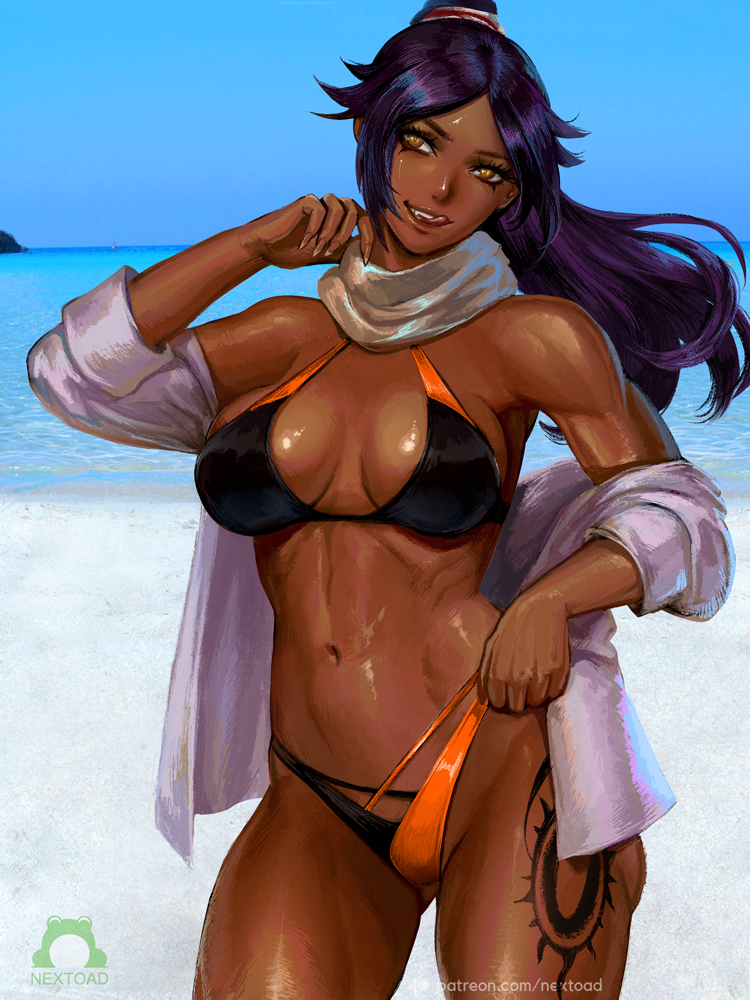 1girls bare_shoulders beach bikini bleach breasts dark-skinned_female dark_skin female female_only jacket leg_tattoo licking_lips long_hair looking_at_viewer nextoad ocean open_clothes outdoors ponytail purple_hair sand scarf shihouin_yoruichi shiny shiny_hair shiny_skin smile solo swimsuit tattoo tied_hair water yellow_eyes