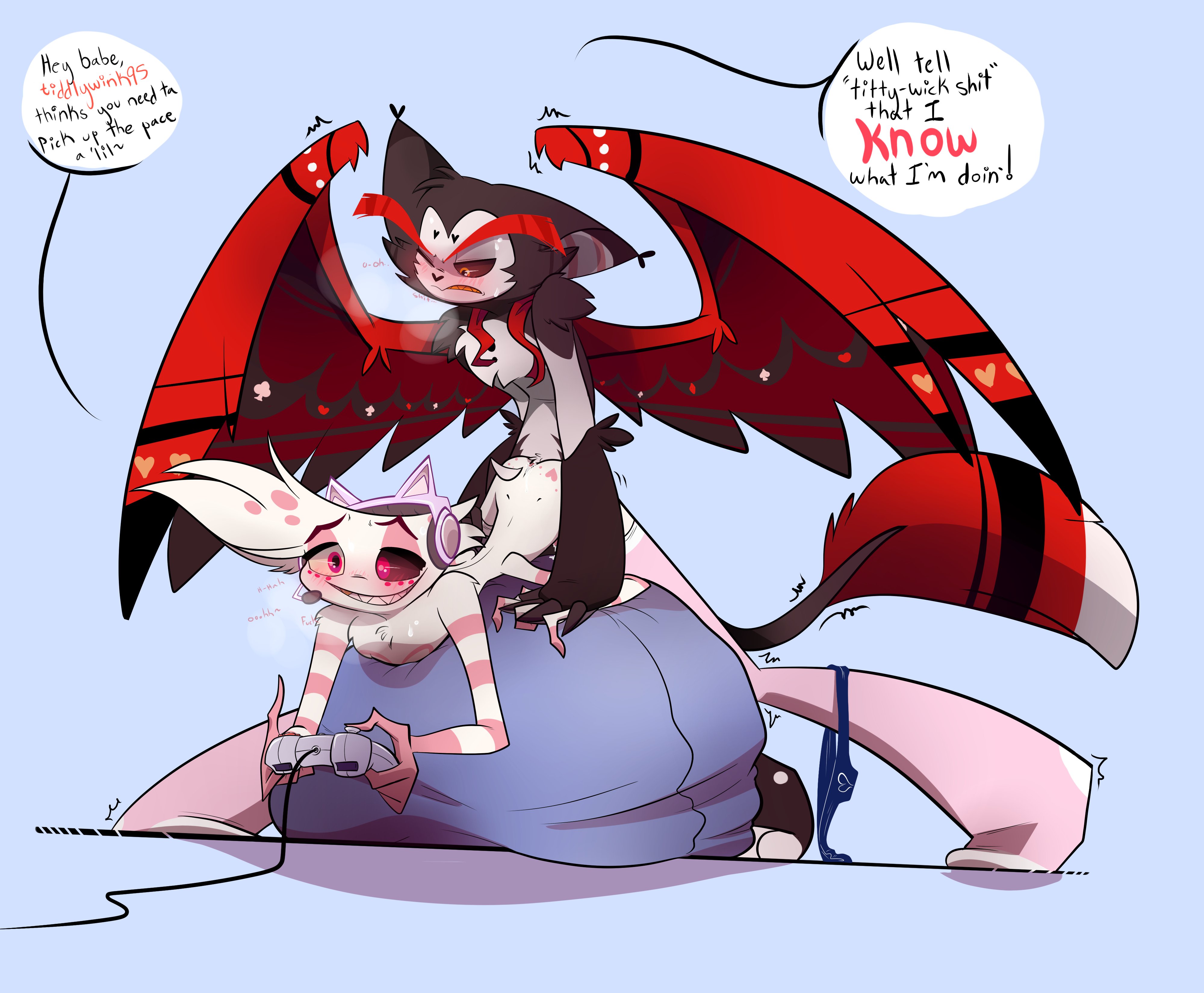 2boys, 4 arms, anal, anal sex, angel dust (hazbin hotel), blush, feline, furry, gaming, hazbin hotel, husk (hazbin hotel), laying on stomach, male, male only, male/male, multi arm, multi limb, nude, nude male, panties, panties around leg, spider, standing sex, vivienne medrano, white body, wings, yaoi