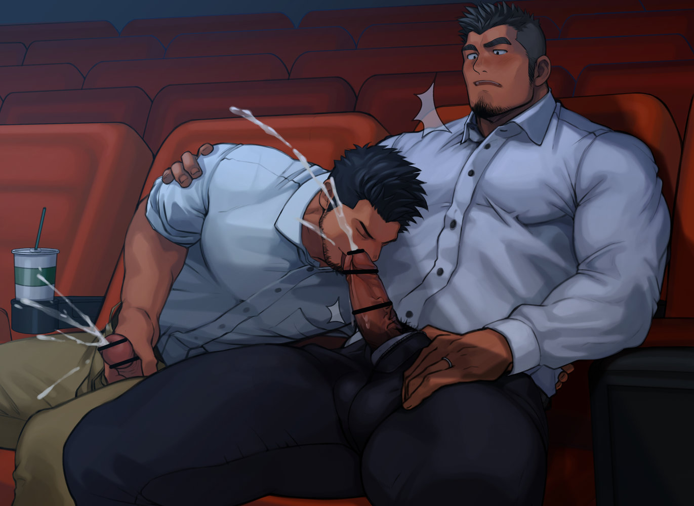 2boys, ass, athletic, athletic male, balls, bara, biceps, big ass, big balls, big butt, big muscles, big penis, blowjob, bodybuilder, boner, calves, cinema, clothed, cum, cumshot, daddy, dilf, erection, gay, human, hunk, icebanon, jock, male, male only, male/male, masculine male, movie theater, muscles, pecs, penis, public, suit, tarutoru, thick cum, thick legs, thick penis, thick thighs, yaoi