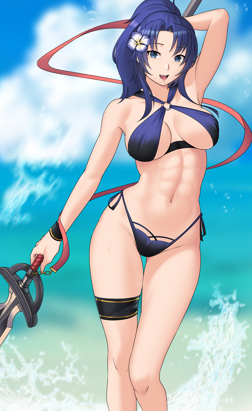 1girls abs arm_behind_head bbk_(13zk) bikini blue_bikini blue_eyes blue_hair bracelet breasts bushidokuroi cleavage cloud english_commentary eyebrows_visible_through_hair feet_out_of_frame female fire_emblem fire_emblem:_new_mystery_of_the_emblem fire_emblem_heroes flower gold_trim groin hair_flower hair_ornament halterneck highleg highleg_bikini highres holding holding_polearm holding_weapon jewelry kris_(female)_(fire_emblem) kris_(fire_emblem) long_hair looking_at_viewer medium_breasts nintendo open_clothes open_mouth polearm ponytail sidelocks smile solo string_bikini swimsuit thigh_gap thigh_strap thighs vest waves weapon