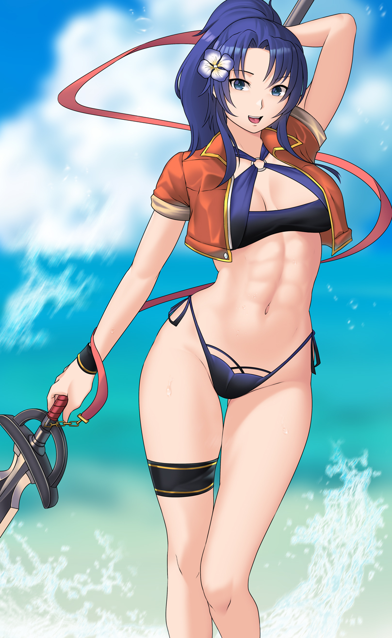 1girls abs arm_behind_head bbk_(13zk) bikini blue_bikini blue_eyes blue_hair bracelet breasts bushidokuroi cleavage cloud english_commentary eyebrows_visible_through_hair feet_out_of_frame female fire_emblem fire_emblem:_new_mystery_of_the_emblem fire_emblem_heroes flower gold_trim groin hair_flower hair_ornament halterneck highleg highleg_bikini highres holding holding_polearm holding_weapon jewelry kris_(female)_(fire_emblem) kris_(fire_emblem) long_hair looking_at_viewer medium_breasts nintendo open_clothes open_mouth open_vest polearm ponytail red_vest sidelocks smile solo string_bikini swimsuit thigh_gap thigh_strap thighs vest waves weapon