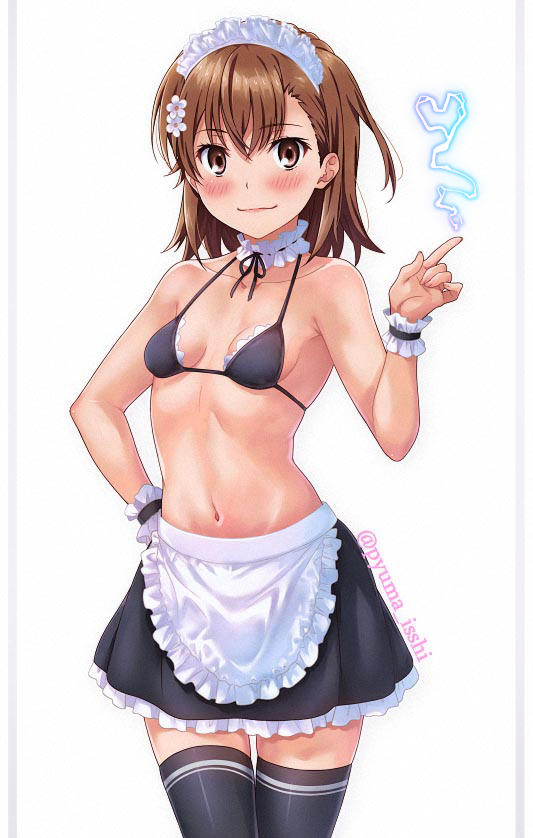 1girls, apron, bikini, black bikini, black legwear, black skirt, breasts, brown eyes, brown hair, cowboy shot, electricity, female, female only, flat chest, hair, hair ornament, isshi pyuma, maid, maid bikini, maid headdress, maid uniform, misaka mikoto, navel, pleated skirt, revealing clothes, short hair, skirt, small breasts, smile, solo, solo female, standing, teenage female, teenager, to aru kagaku no railgun, to aru majutsu no index, young