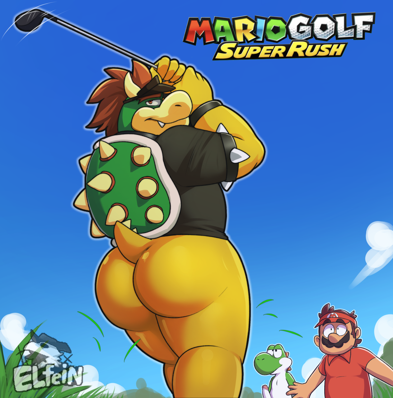 2021, 3boys, anthro, armband, ass, bara, big ass, big butt, bottomless, bowser, bowser (mario golf), bubble ass, bubble butt, clothed, clothing, cloud, day, digital media (artwork), elfein, english text, erection, facial hair, fangs, gay, genitals, golf, golf club, grass, green yoshi, group, hair, hat, headgear, headwear, hi res, holding object, horn, human, humanoid genitalia, humanoid penis, koopa, logo, looking at viewer, looking back, looking back at viewer, male, male only, male/male, mammal, mario, mario (series), mario golf, motion lines, moustache, narrowed eyes, nintendo, outside, penis, plant, raised tail, reptile, scalie, shell, shirt, shocked expression, signature, sky, solo focus, spiked armband, spiked shell, spikes, spikes (anatomy), sport, standing, text, thick thighs, topwear, video games, watermark, wood (golf), yaoi, yoshi