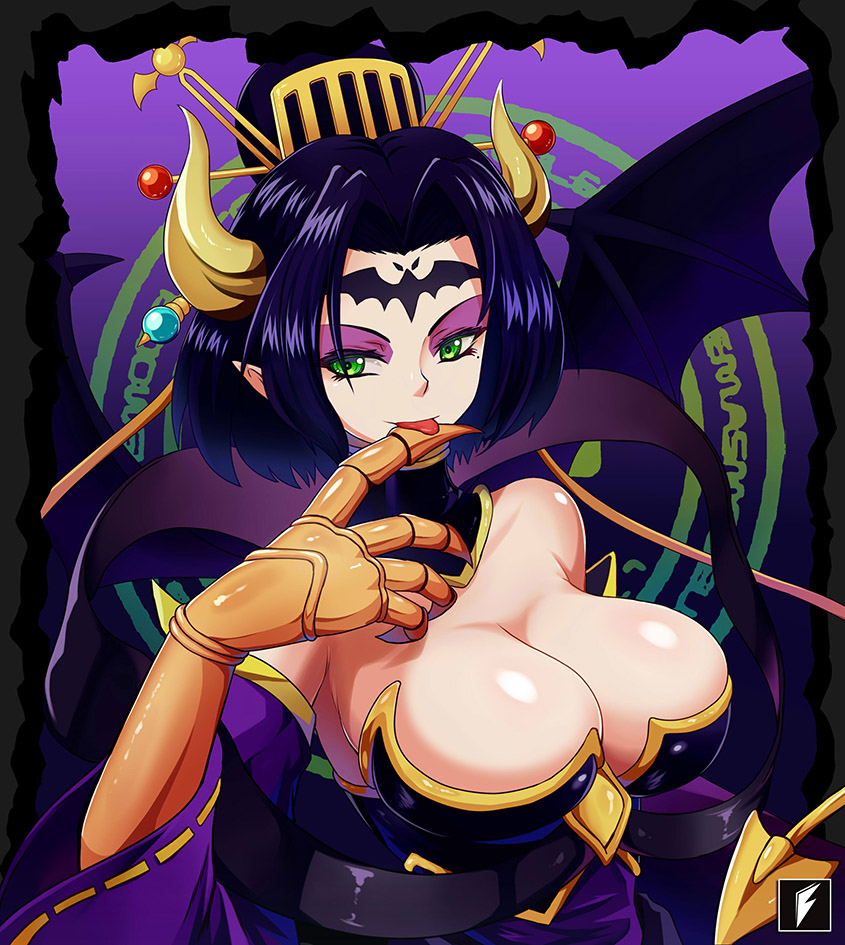 1girls alternate_eye_color areola areolae bat_wings big_breasts black_hair breasts cleavage clothed crest_of_lust crests_(digimon) crown demon demon_girl demon_horns digimon digimon_(species) digimon_xros_wars eyeshadow female female_only green_eyes hair_ornament horns large_breasts licking_finger lilithmon seven_great_demon_lords shiny_skin smile solo succubus teng_zhai_zi tongue_out wings