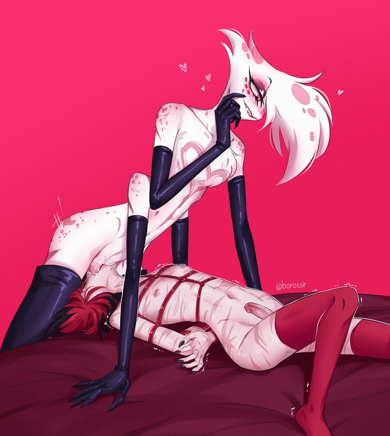 2boys, alastor (hazbin hotel), angel dust (hazbin hotel), arms behind back, biting lip, blush, bondage, borossir, cute male, deepthroat, elbow gloves, eyelashes, eyeshadow, fellatio, femboy, femboydom, furry, girly, hands behind back, hazbin hotel, latex gloves, latex legwear, latex stockings, latex suit, latex thighhighs, laying back, laying down, laying on bed, long gloves, makeup, male, male only, maledom, malesub, naked stockings, naked thighhighs, on bed, penis, saliva, spider, stockings, thighhighs, throat swabbing, trembling, upside-down, vivienne medrano, whip marks, white body, yaoi