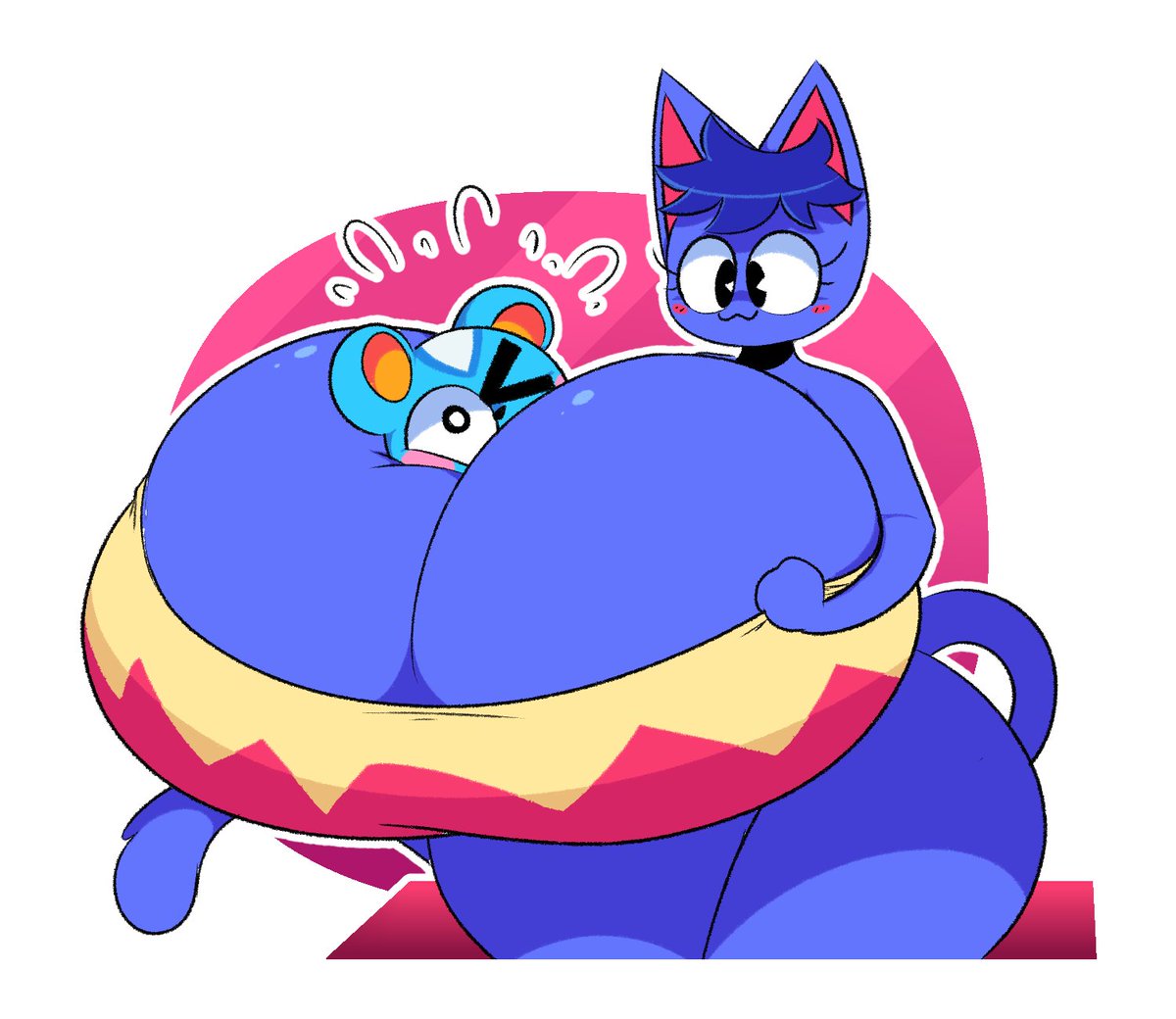 animal_crossing anthro big_breasts dewbber duo feline filbert_(animal_crossing) furry mouse nintendo no_pants purple_fur rosie_(animal_crossing) size_difference smothering struggling