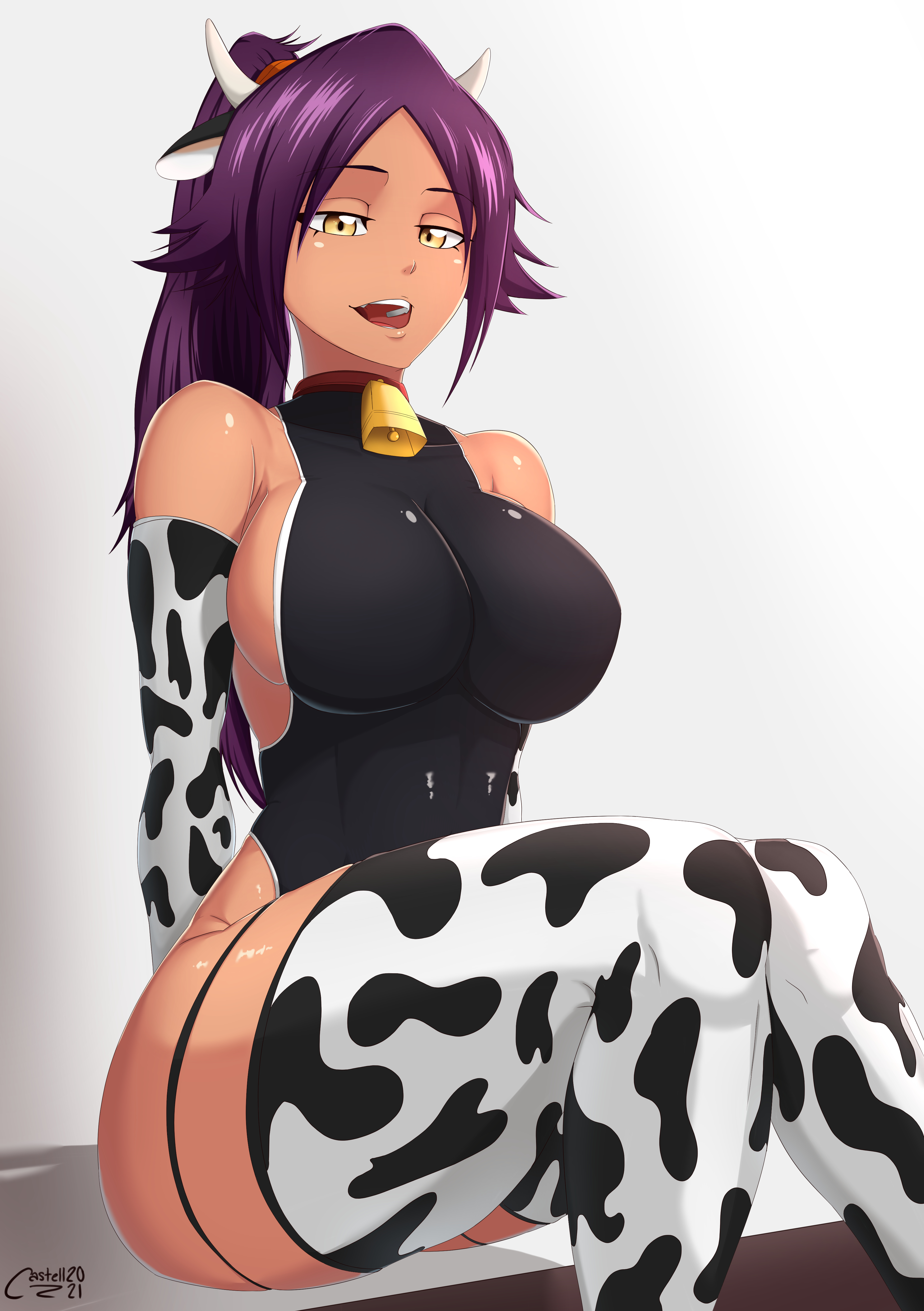 1girls, 2021, bleach, breasts, castell, cow horns, cow outfit, cow print, cowbell, dark skin, dark-skinned female, female, female only, large breasts, looking at viewer, purple hair, shihouin yoruichi, shiny skin, sitting, solo, yellow eyes