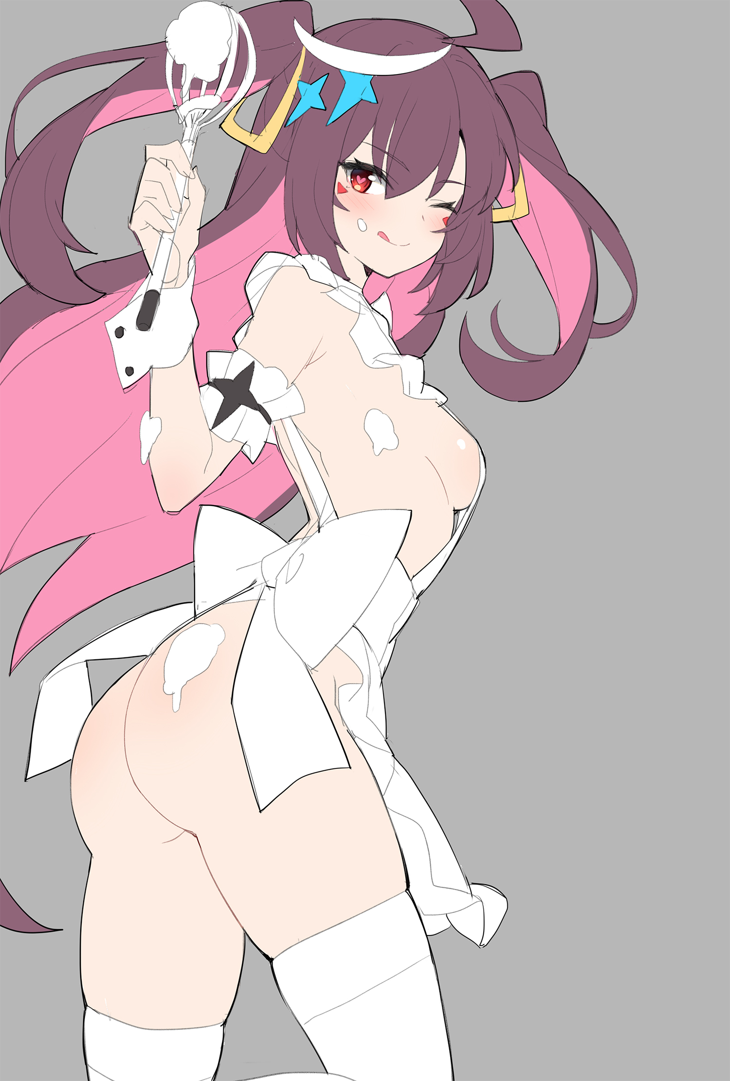 apron, apron only, ass, blinking, bow, breasts, brown hair, cuffs, epic7, female, from behind, hair ornament, heterochromia, long hair, lovely patisserie luluca (epic7), luluca (epic7), multicolored hair, naked apron, pink hair, side profile, sideboob, skimpy, skimpy clothes, small breasts, smile, tongue, tongue out, twintails, whipped cream, whipped cream on ass, white clothing, wink