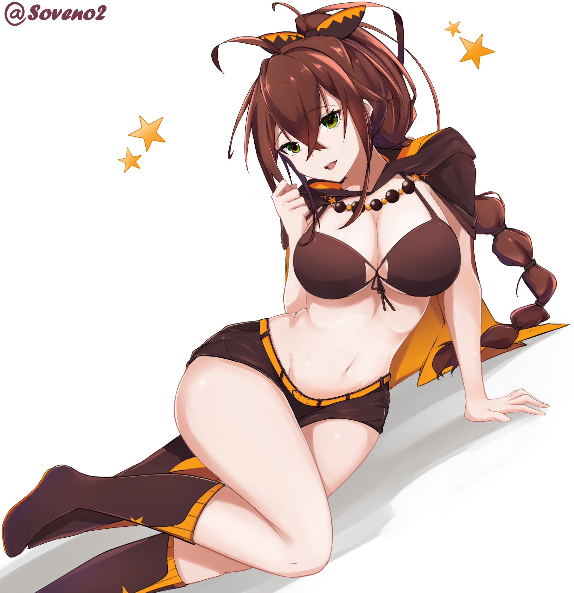 bikini, bikini top, breasts, brown hair, cloak, female, green eyes, high resolution, large breasts, long hair, lying, navel, on side, open mouth, ponytail, re:zero kara hajimeru isekai seikatsu, shaula (re:zero), short shorts, shorts, smile, solo, soveno, swimsuit, thighs, tied hair, very long hair