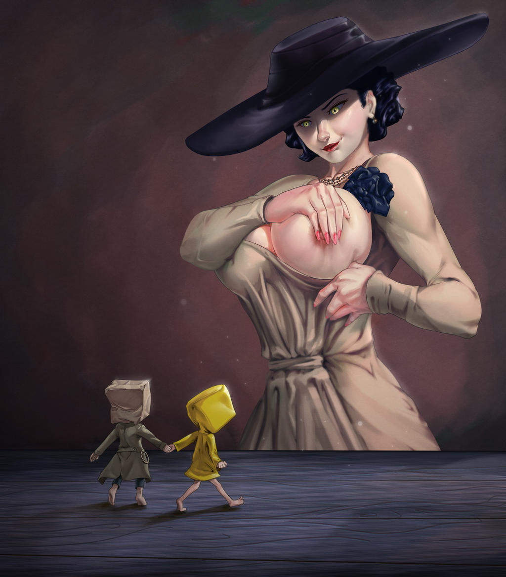 alcina_dimitrescu bad_censor big_breasts big_hat breasts capcom censored cloak clothing covered_nipples covering crossover dr.korr faceless_male female giantess huge_breasts little_nightmares little_nightmares_2 male mono_(little_nightmares_2) outerwear raincoat resident_evil resident_evil_8:_village seducing short_hair six_(little_nightmares) size_difference tall_female yellow_eyes