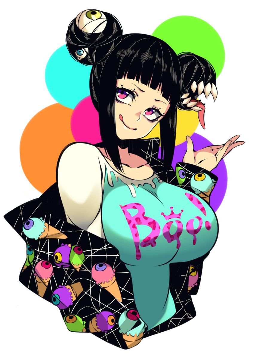 1girls black_hair breasts camui_kamui_(hz_666v) colorful colorful_background cute dark_hair double_bun eyelashes female female_only huge_breasts licking_lips light-skinned_female light_skin magenta_eyes mao_(camui_kamui) monster_girl original pigtails punk smile solo sweater thin thin_waist tongue tongue_out voluptuous