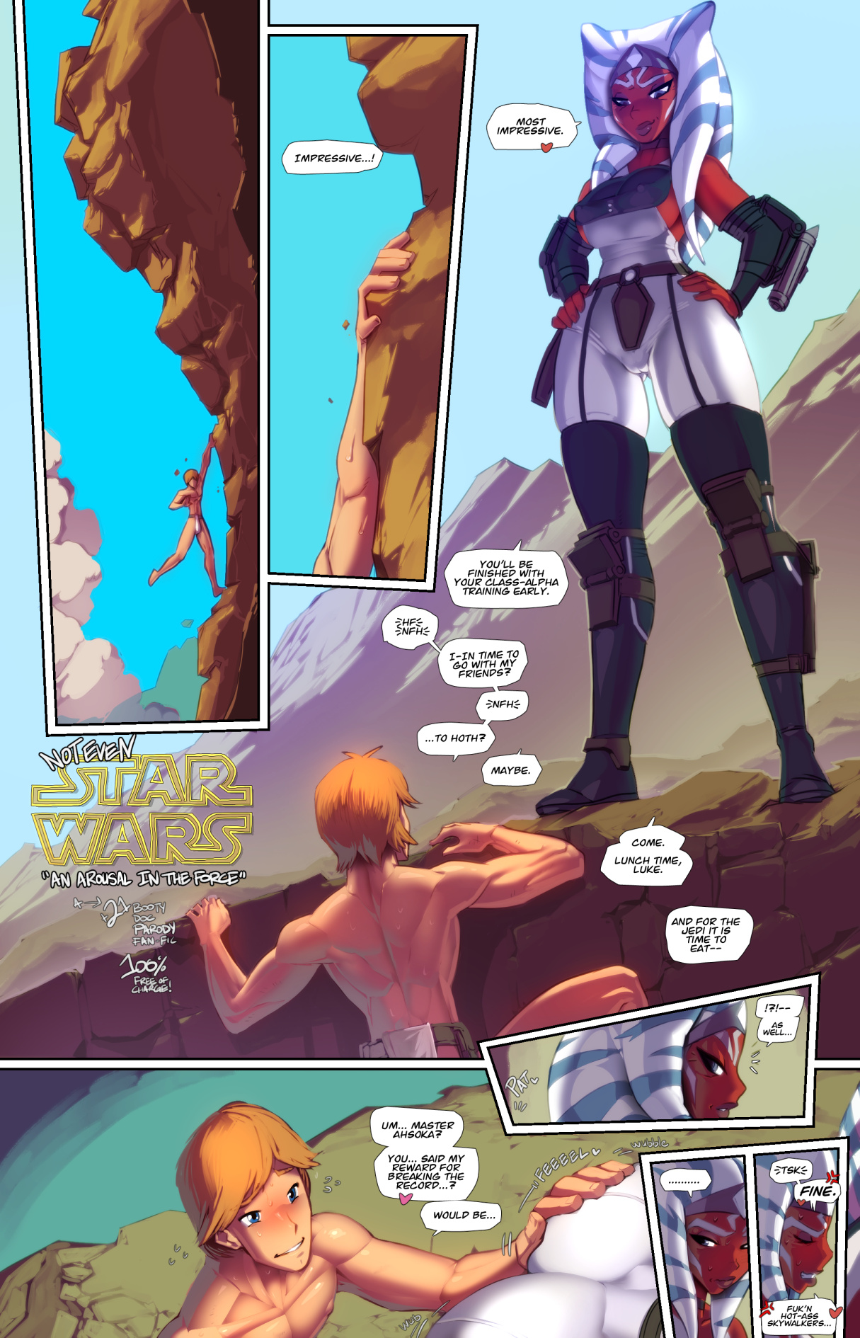 1boy, 1girls, age difference, ahsoka tano, alien, alien girl, anger vein, angry, ass, ass grab, big breasts, breasts, busty, comic, dialogue, english text, female, fred perry, heart, human, humanoid, imminent sex, interspecies, latex, legs, light skin, light-skinned male, luke skywalker, male, male human/female alien, male human/female humanoid, master and student, older female, older female and younger male, orange body, orange skin, panels, sci-fi, science fiction, scifi, sexually suggestive, speech bubble, star wars, star wars rebels, straight, suggestive, teacher, teacher and student, text, thick legs, thick thighs, thighs, togruta, toned, toned female, toned male