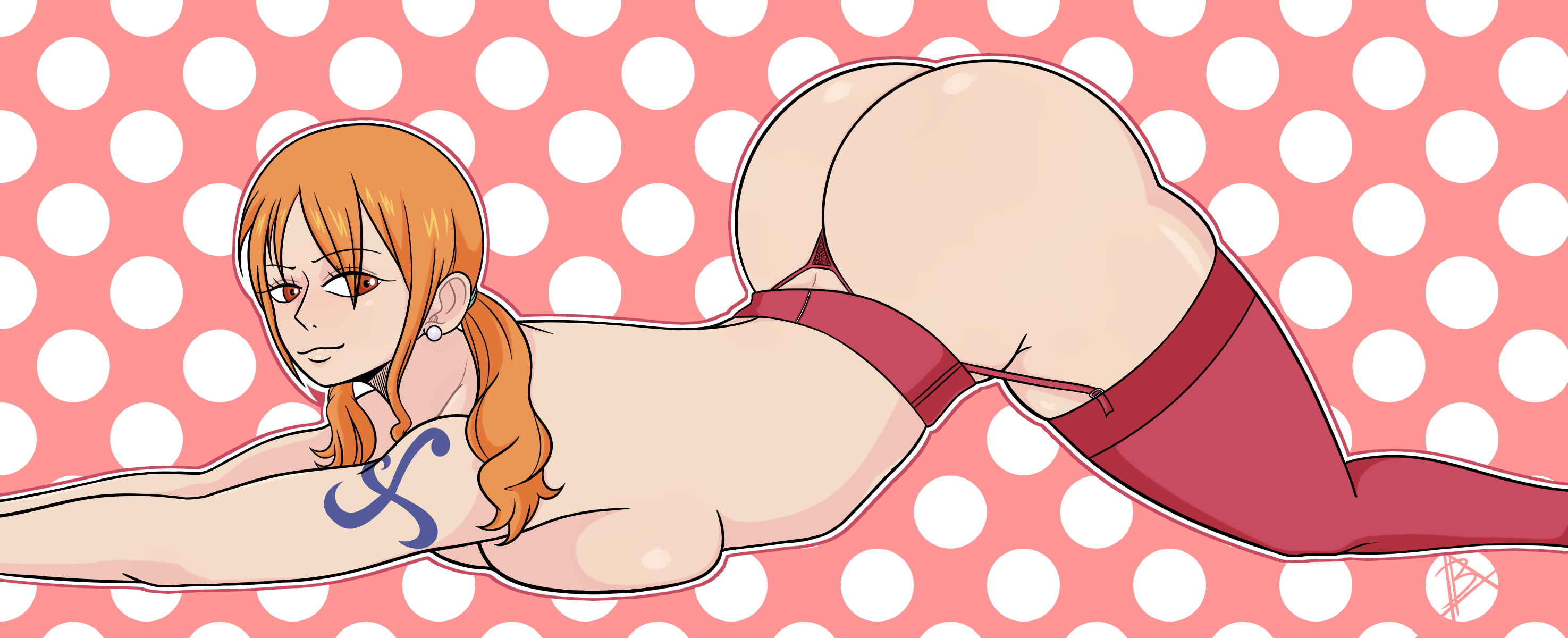 1girls, ass, ass up, bermuda art, big ass, female, female only, garter belt, lingerie, low twintails, nami (one piece), one piece, stockings, tattoo, thong, topless, twintails