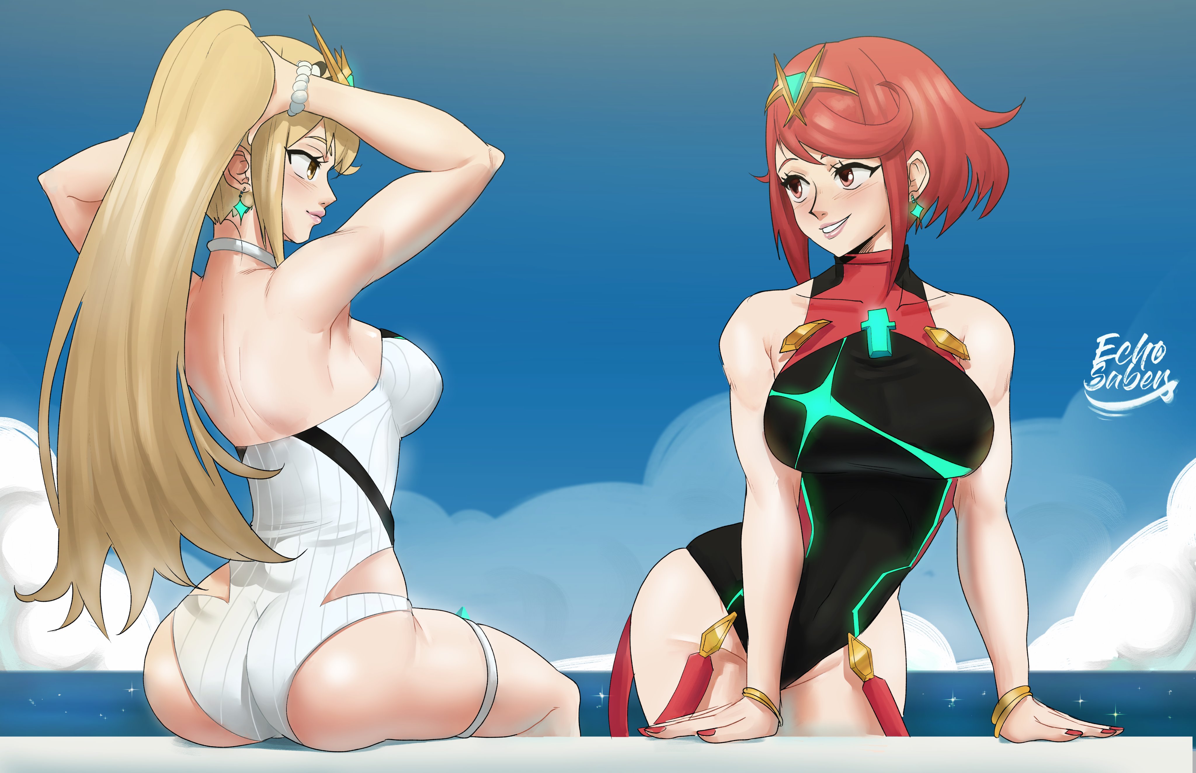 2girls, blonde hair, echosaber, female, female only, mythra, nintendo, one-piece swimsuit, pyra, red hair, swimsuit, xenoblade (series), xenoblade chronicles 2