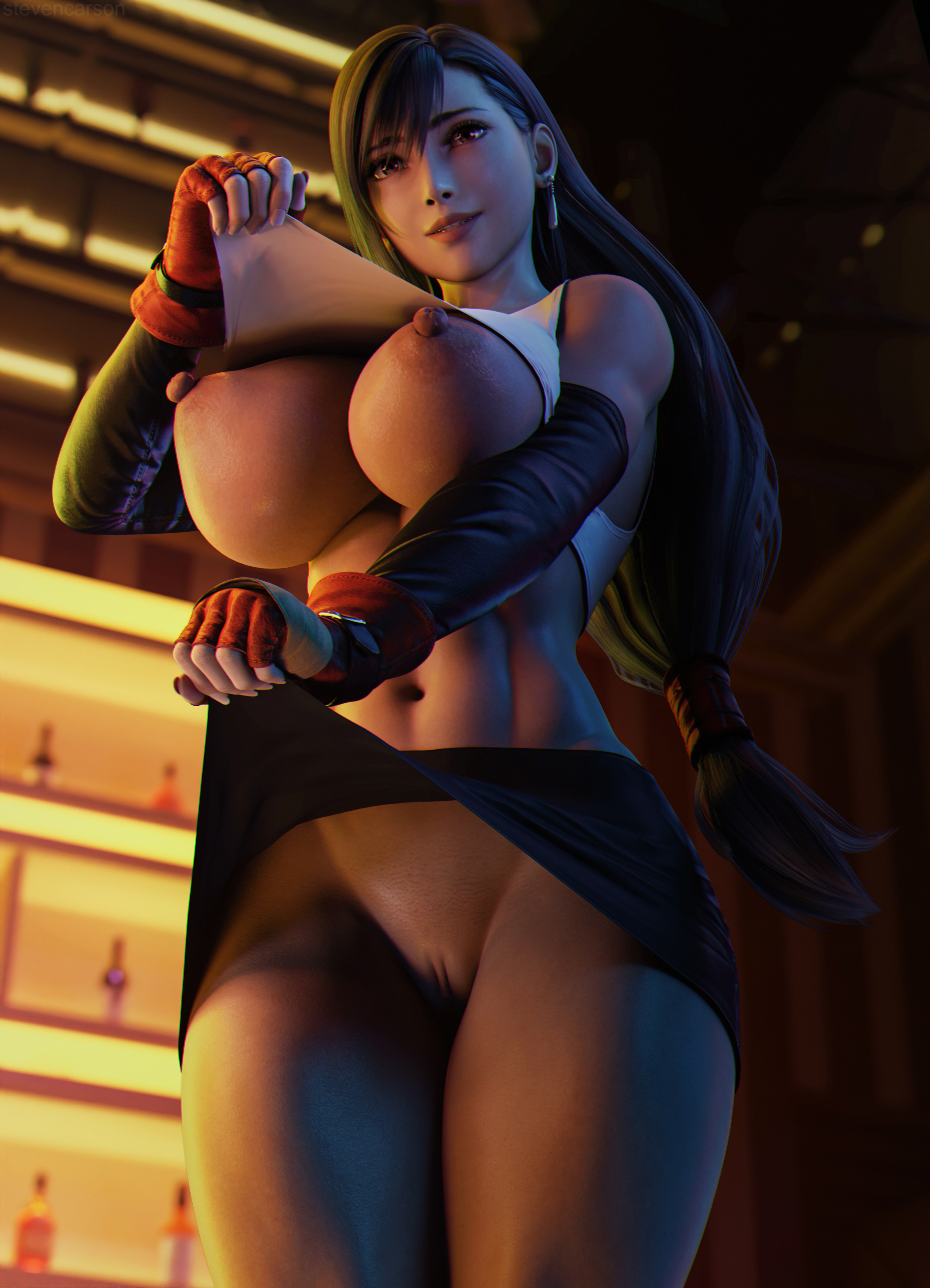 1girls, 3d, absurdres, areolae, big nipples, breasts, dissidia, dissidia final fantasy, erect nipples, female, female only, final fantasy, final fantasy vii, functionally nude, highres, huge breasts, nipples, nude, nude female, presenting, presenting pussy, pussy, shirt lift, solo, solo female, standing, stevencarson, tifa lockhart, wide hips