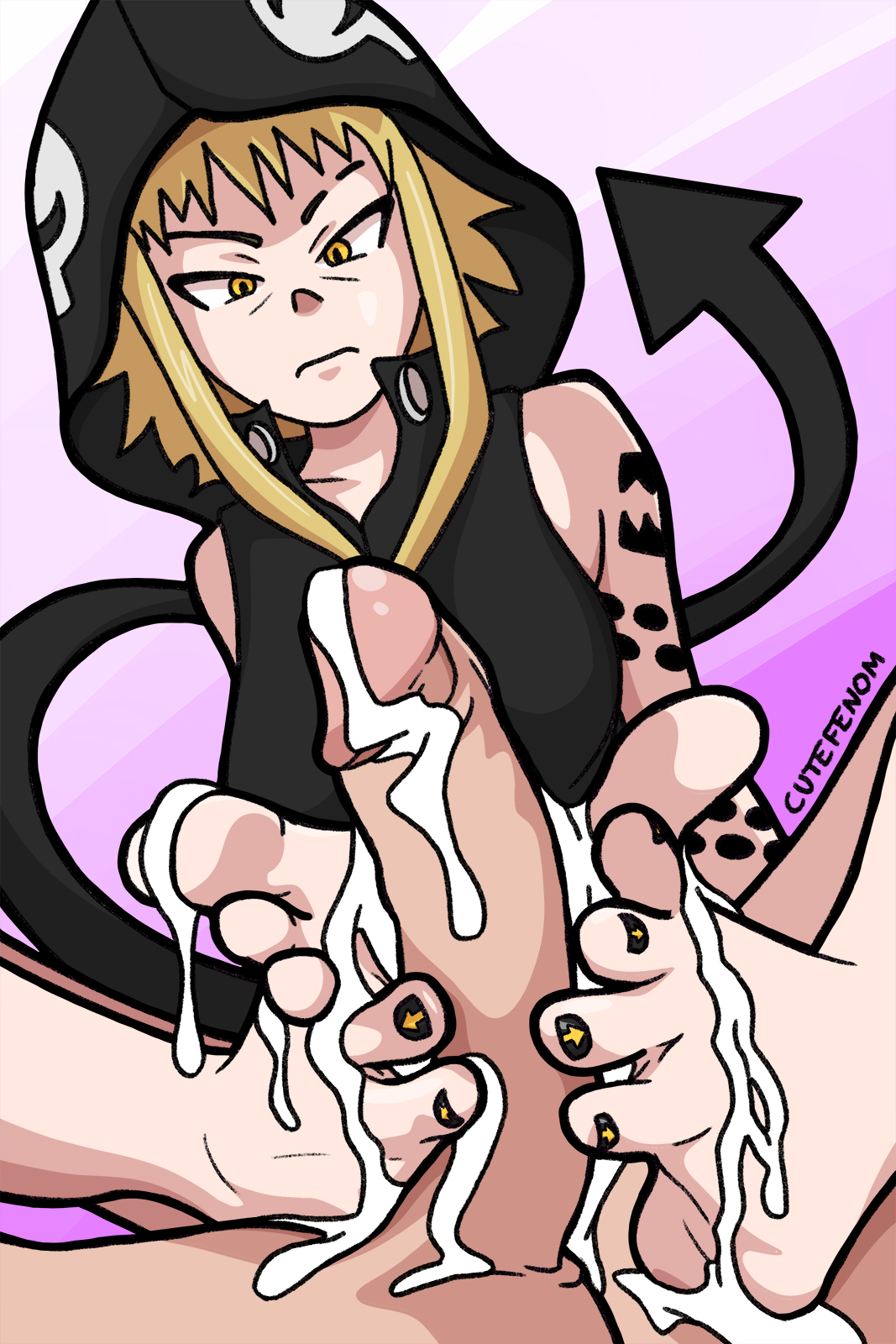 1boy, 1girls, arrow, bare shoulders, blonde hair, cum, cum between toes, cum on feet, cutefenom, feet, female, foot fetish, footjob, hood, hoodie, male, medusa gorgon, penis, soul eater, spread toes, tattoo, toenail polish, toes, yellow eyes