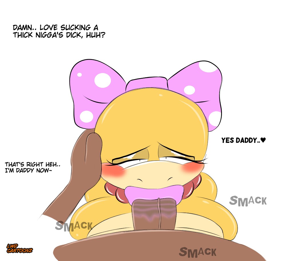 1boy, 1girls, anthro, anthro on human, big breasts, big lips, bimbo, blowjob, blush, bow, breast squish, breasts, daddy kink, dark skin, dark-skinned male, dialogue, dirty talk, fellatio, female, hand on cheek, huge breasts, huge cock, interracial, koopa, koopaling, large breasts, lipstick, lipstick mark, lipstick on penis, lwd cartoonz, male, male/female, mario (series), necklace, penis, pink lipstick, pov, saliva, saliva drip, saliva trail, sucking, thick lips, thick penis, veiny penis, wendy o. koopa, white background