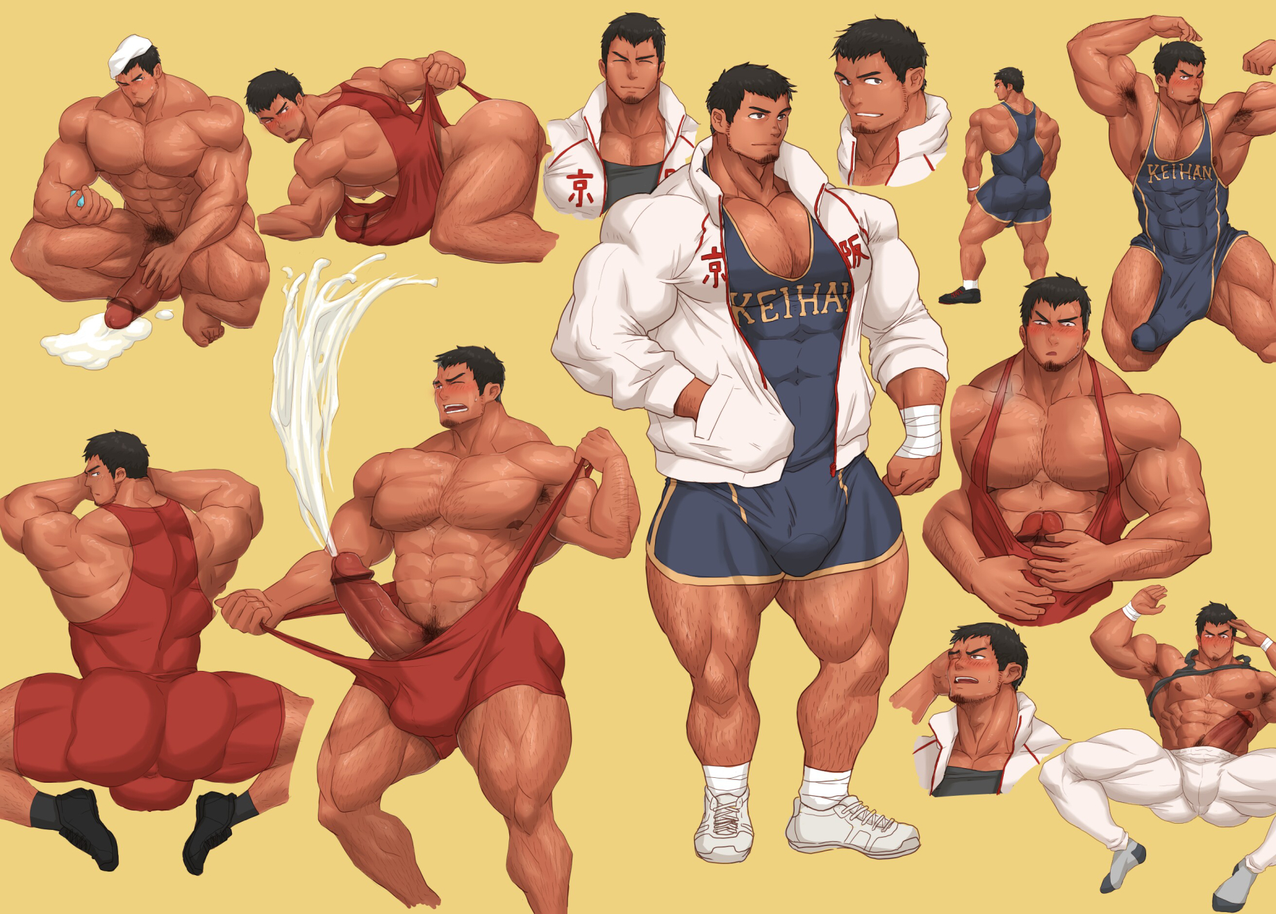 ass, balls, big balls, black hair, blush, bodybuilder, boner, bulge, censored, cum, cumshot, erection, flaccid, gay, hairy, hairy chest, hairy legs, hairy male, huge balls, huge cock, jacket, jock, kuromine hiraya, looking at viewer, looking pleasured, male, male focus, male only, naked, nipples, nude, nude male, penis, shoes, solo, wrestler, wrestling, yuatari