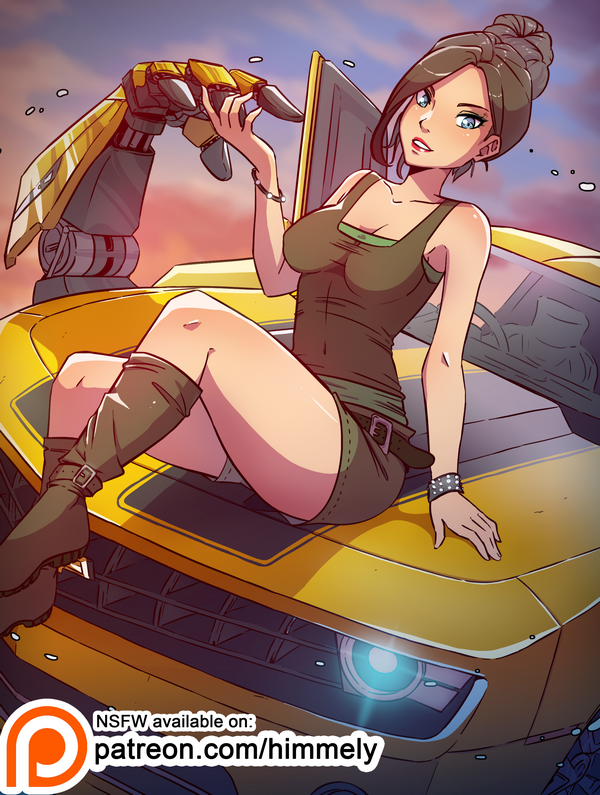 1girls alternate_version_at_source bare_legs bare_shoulders black_hair blue_eyes boots bracelet bumblebee bumblebee_(transformers) car clothed clothed_female clothing duo female fully_clothed himmely human lipstick male mikaela_banes patreon_logo patreon_username red_lipstick robot robot/alternate_modes shorts sitting sitting_on_car sitting_on_vehicle solo solo_female tagme teeth transformers transformers_(bayverse) vehicle