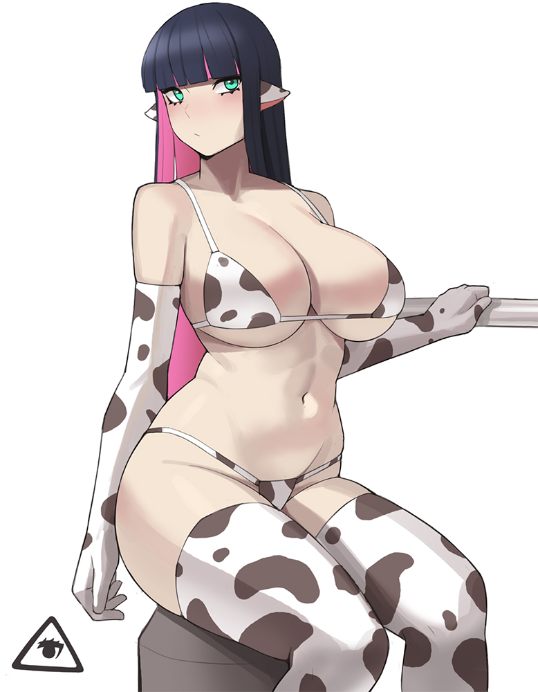 1girls, 2021, artist logo, bikini, black hair, breasts, cow ears, cow girl, cow print, cow print bikini, donburikazoku, female, female focus, female only, hips, huge breasts, long hair, looking at viewer, panty & stocking with garterbelt, pink hair, simple background, sitting, slim waist, stocking anarchy, teal eyes, thick thighs, thighs, two-tone hair, white background, wide hips