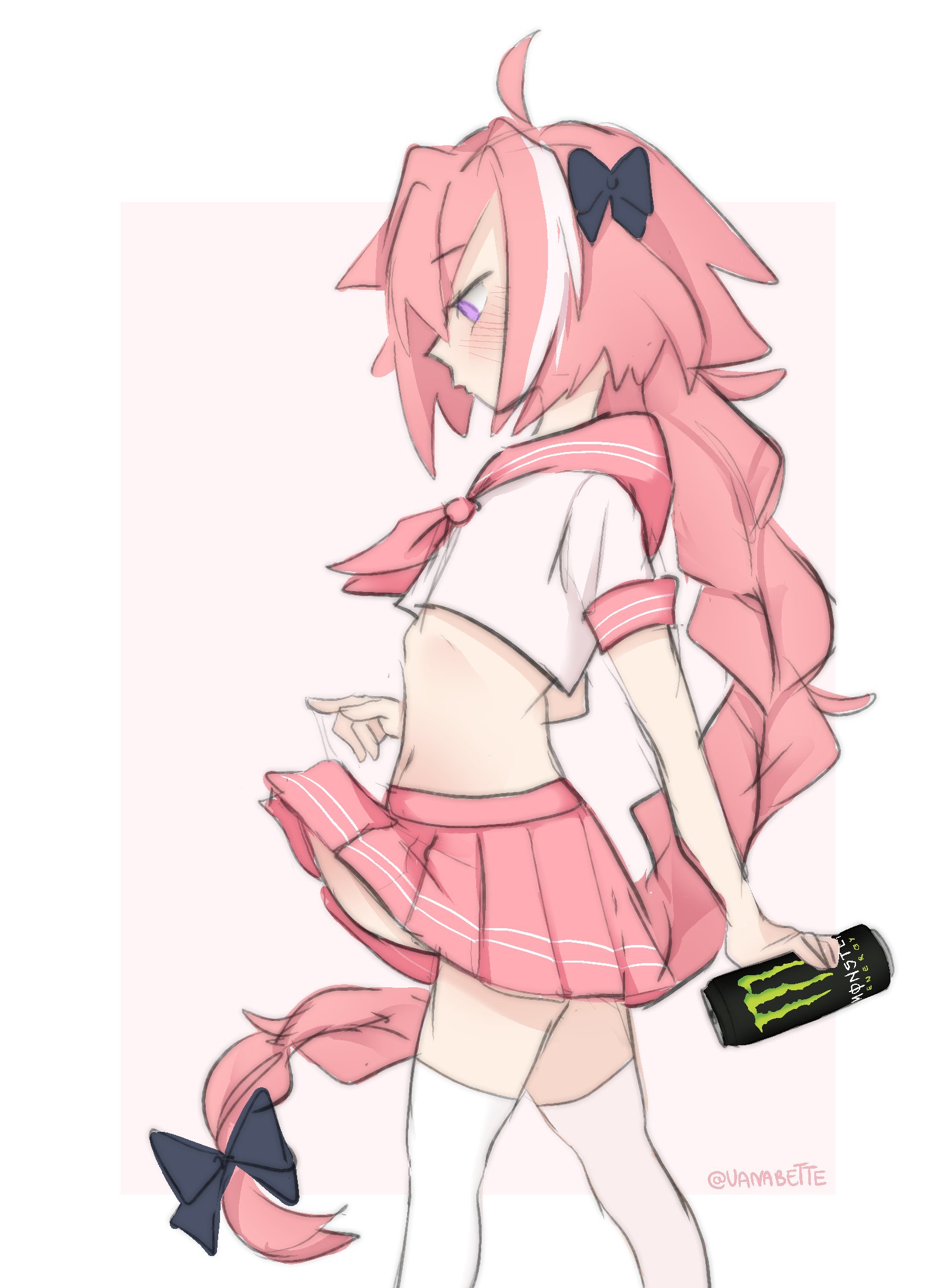 1boy, astolfo (fate), astolfo monster cosplay (meme), bulge, clothed, clothing, erection under clothes, erection under skirt, fate (series), fate/apocrypha, femboy, girly, human, hung trap, male, male only, meme, mostly clothed, pale skin, penis, penis under clothes, precum through clothing, standing, trap, vanabette