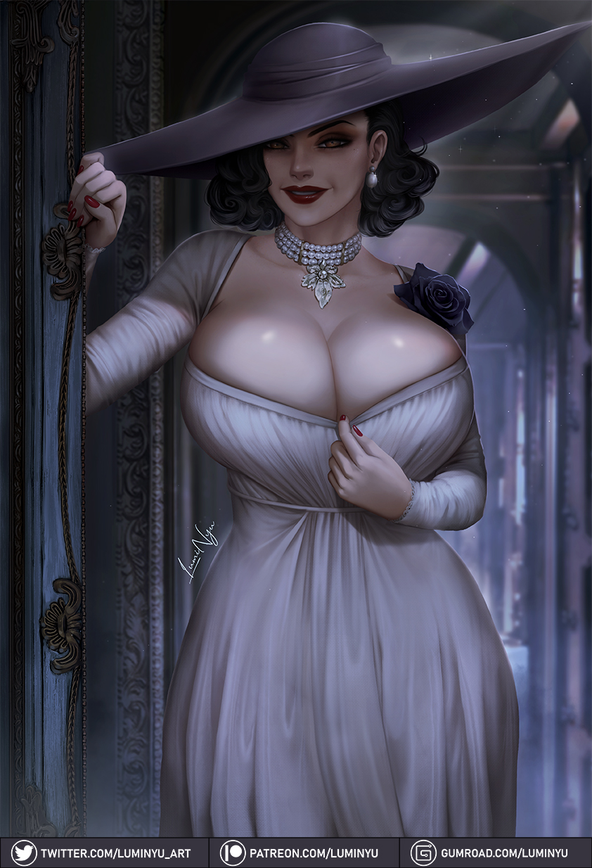 1girls, alcina dimitrescu, big breasts, biohazard, breasts, capcom, cleavage, curvaceous, curvy, curvy figure, dress, female, female only, hat, huge breasts, jewelry, large breasts, lips, lipstick, looking at viewer, luminyu, milf, monster, monster girl, red lipstick, resident evil, resident evil 8: village, solo, solo focus, taller female, vampire, voluptuous, yellow eyes