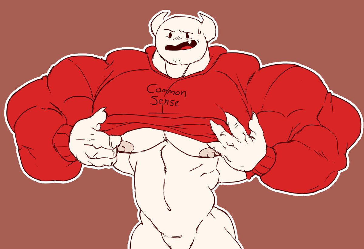 abs bara blush embarrassed facial_tuft gay hoodie horns hyper hyper_muscles male male_only muscles muscular muscular_male nipples pantless remert sharp_nails solo somethingelseyt sweatdrop undressing