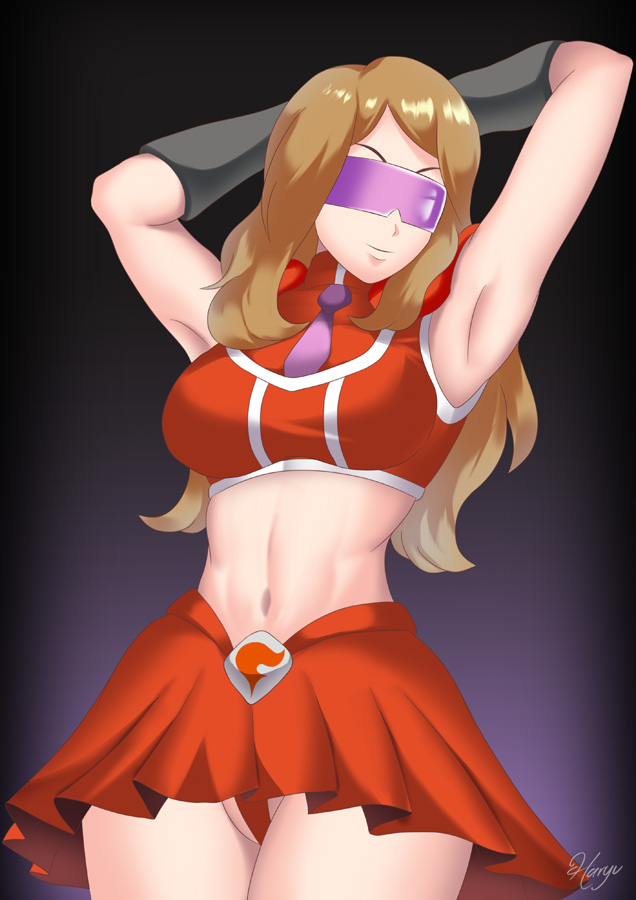 armpits, belly button, brown hair, corruption, enemy conversion, female, fully clothed, glasses, haryudanto, midriff, mind control, nintendo, pink-tinted eyewear, pokemon, pokemon xy, purple-tinted eyewear, serena (pokemon), skirt, solo, team flare, tie, tinted eyewear, visor, visor (eyewear), visor glasses
