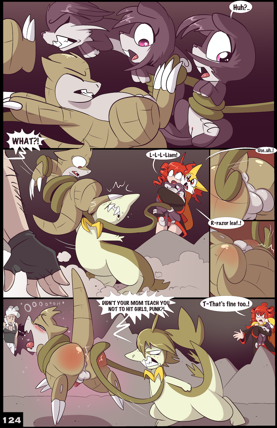 amber_(fuf) ass comic female femdom fennekin fuf hi_res liam_(fuf) male male/male nintendo penis pokemon pokemon_(species) rattata reddened_butt rita_(fuf) sandshrew servine spanking video_games vine_whip