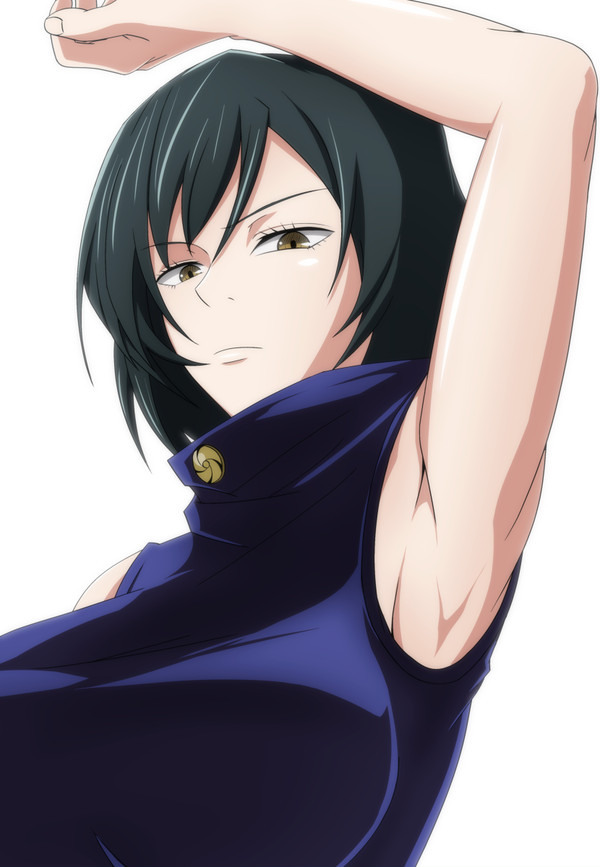 1girls, armpits, arms up, big breasts, breasts, cute, female, female only, green hair, hazel eyes, jujutsu kaisen, light skin, light-skinned female, looking at viewer, looking down, looking down at viewer, school uniform, short hair, solo, solo female, staring, staring at viewer, zenin mai