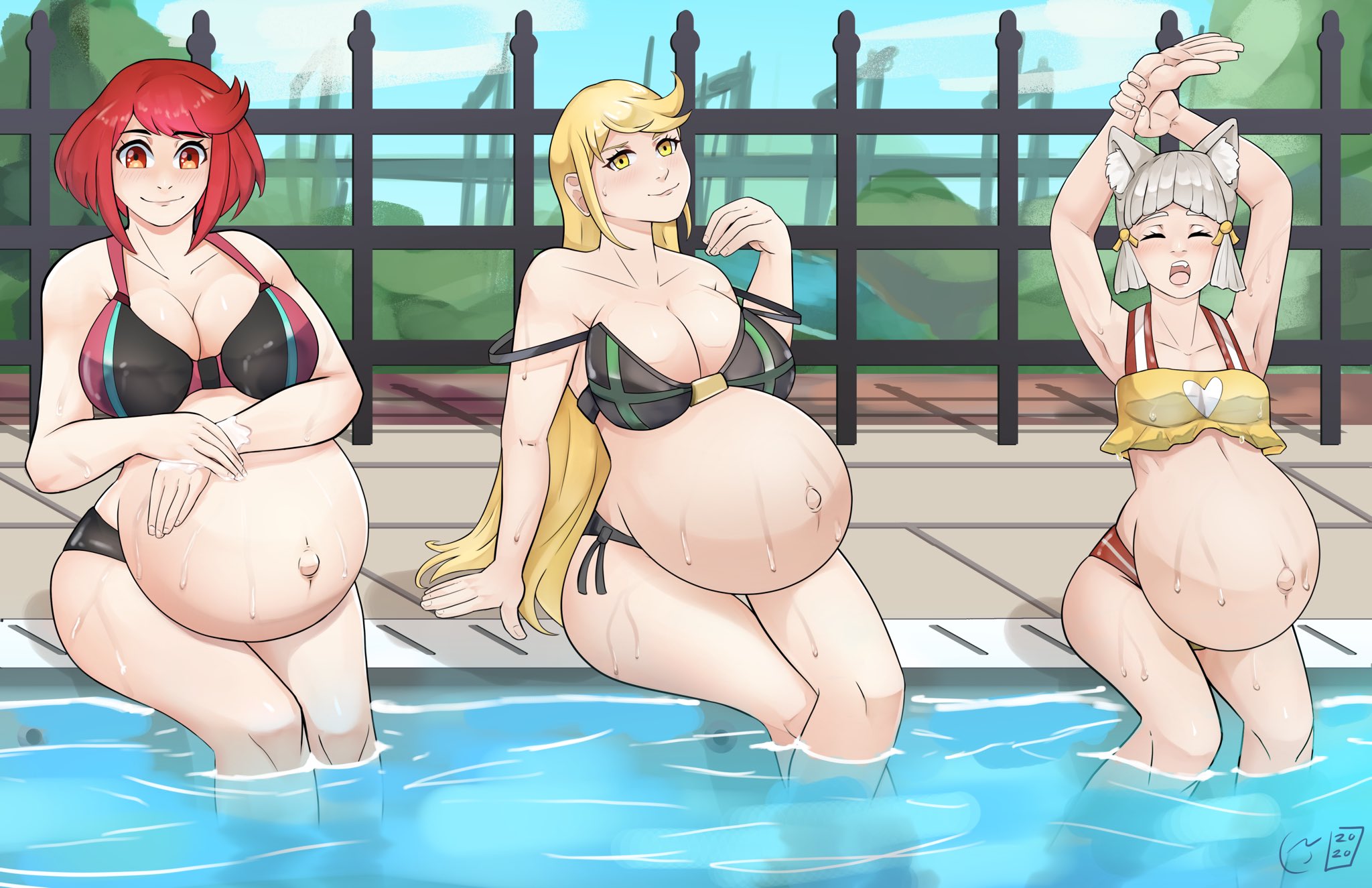 3girls, arm above head, big breasts, bikini, bikini bottom, bikini top, black bikini, blonde hair, bra strap down, bra strap slip, breasts, canon pregnancy, cat ears, cat girl, catgirl, claraspregs, cleavage, female, female only, gold eyes, grey hair, hands on belly, hanging belly, huge belly, large breasts, long hair, multiple pregnancies, mythra, nia, nia (blade), nintendo, pool, poolside, pregnant, pyra, ready to pop, red eyes, red hair, short hair, sisters, small breasts, smug, smug face, stretching, twins, wet, wet body, xenoblade (series), xenoblade chronicles 2