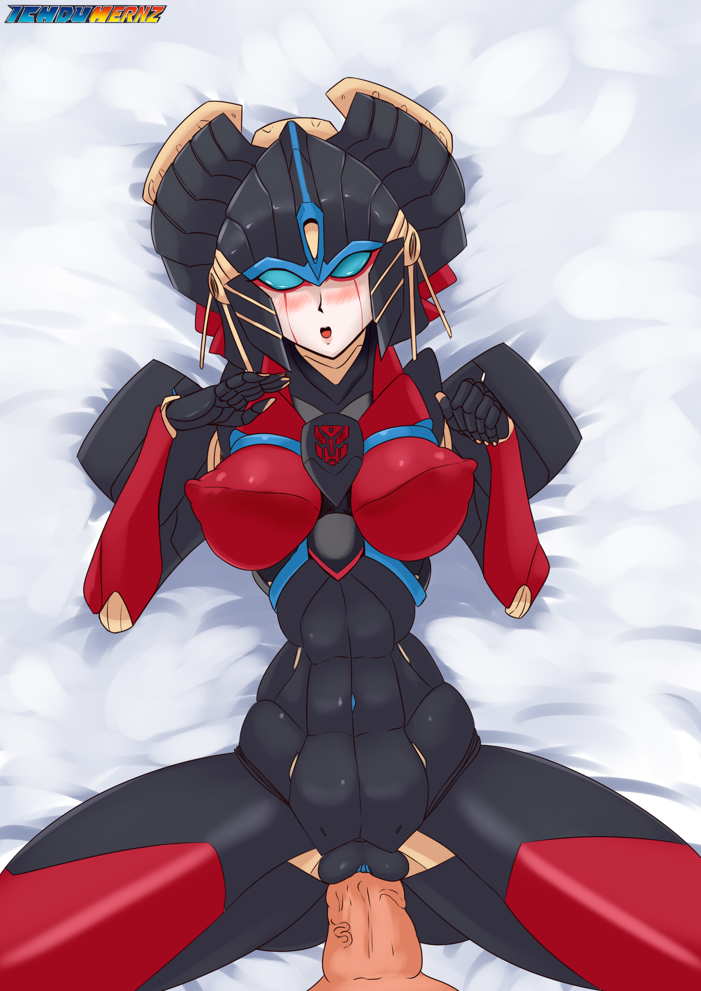 1boy, 1girls, alien, alien girl, bed, big breasts, blue eyes, blush, blushing, breasts, curvy, curvy body, curvy female, curvy figure, curvy hips, erect nipples, female, flametoys, human, human penetrating, looking at viewer, machine, male, mechanical, nipples, penetration, penis, puffy nipples, pussy, red breasts, red legwear, red lips, red lipstick, red nipples, robot, robot girl, solo, thick legs, thick thighs, transformers, vagina, vaginal, vaginal penetration, vaginal sex, windblade