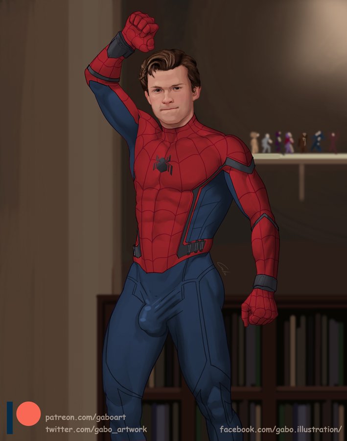 1boy, bulge, celebrity, gabo artist, human, male, male only, marvel, marvel comics, muscles, muscular, muscular male, peter parker, skin tight, solo, spandex, spider-man, spider-man (series), spider-man (tom holland), superhero, tom holland