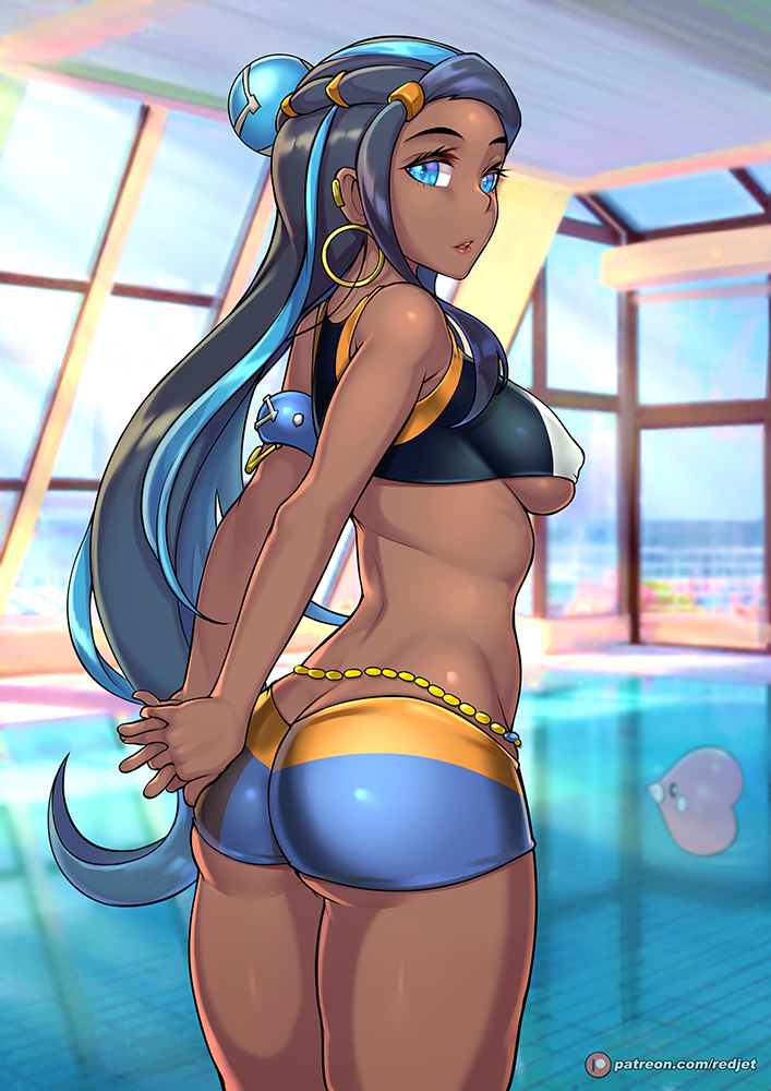 1girls, armband, ass, ass hanging out of shorts, belly chain, black hair, black-haired female, blue eyes, blue hair, breasts, curvy figure, ear piercing, earrings, eye contact, female, game freak, gym leader, hair ornament, hoop earrings, lipstick, long hair, looking at viewer, nessa (pokemon), nintendo, pokemon, pokemon ss, redjet, shorts, standing, thick ass, thick thighs, thighs, tight shorts, water
