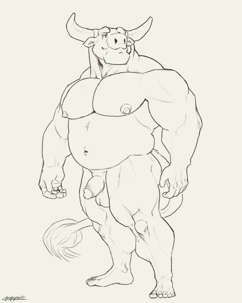 4:5 anthro ass balls belly biceps bovid bovine cattle chubby_male feet genitals hi_res horn male mammal musclegut muscular muscular_anthro muscular_male nipples papyreit pecs penis slightly_chubby solo