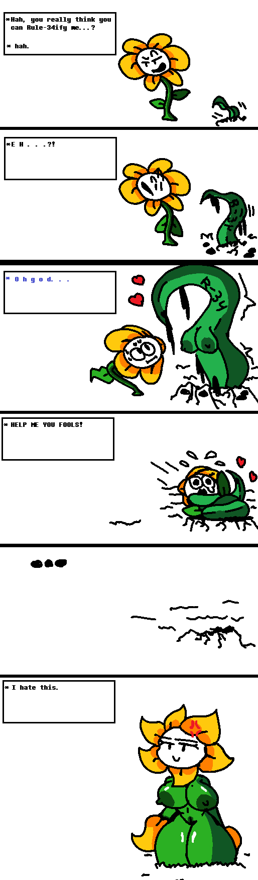 big breasts, breasts, comic, female, flowey the flower, green tentacles, justarandomguy, plantie, shaded, thick thighs, transformation, undertale, wide hips