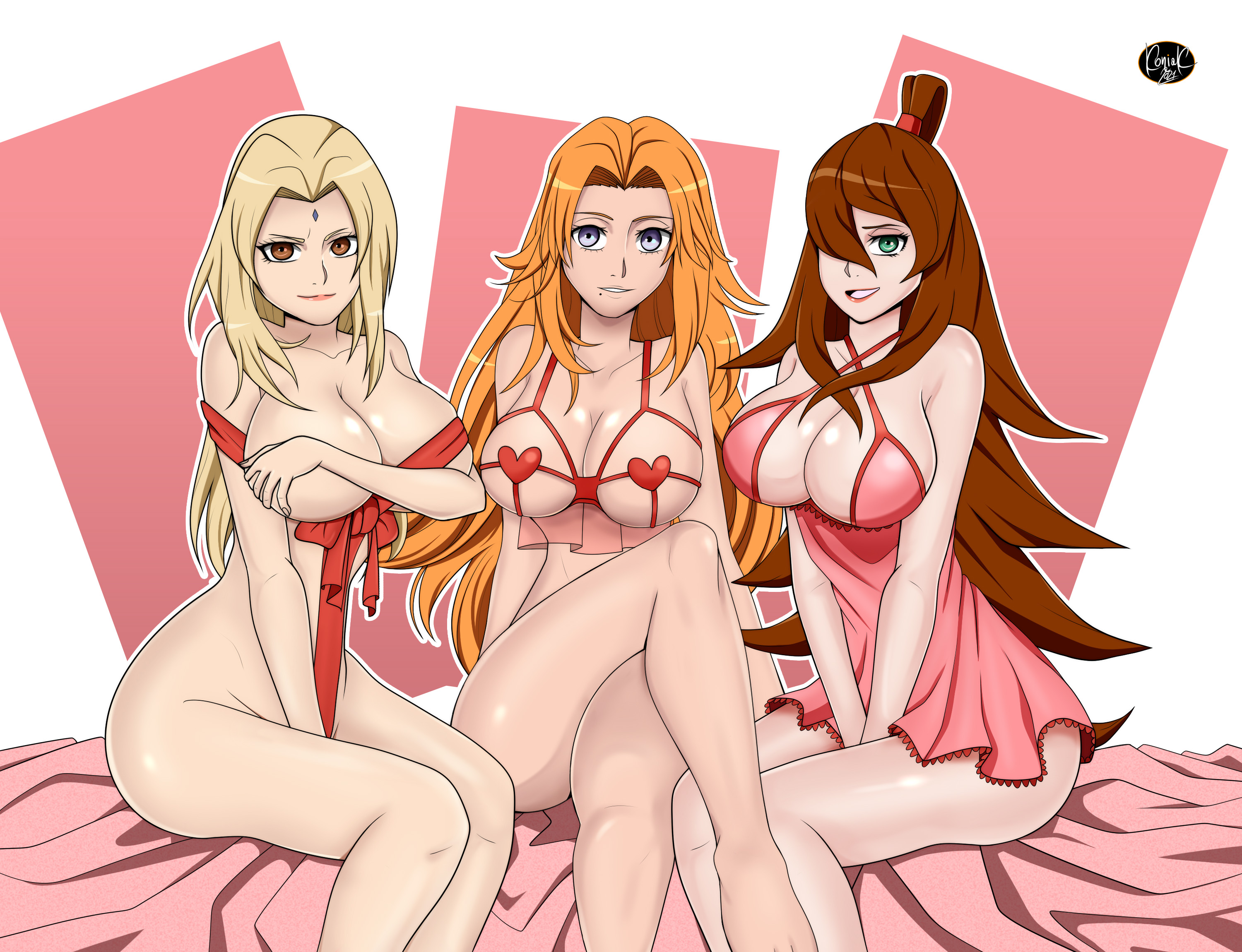 3girls, bare shoulders, barefoot, bed, big breasts, bleach, blonde hair, blue eyes, breasts, brown eyes, brown hair, busty, cleavage, closed legs, crop top, crossed legs, crossover, cutout, dress, exposed breasts, facial mark, feet, female, female only, forehead mark, green eyes, heart pasties, huge breasts, koniak007, legs, lingerie, lipstick, long hair, looking at viewer, makeup, matsumoto rangiku, mei terumi, mole, mole under mouth, naruto, naruto (series), naruto shippuden, negligee, on bed, orange hair, red lingerie, revealing clothes, ribbon, sitting, take your pick, tsunade