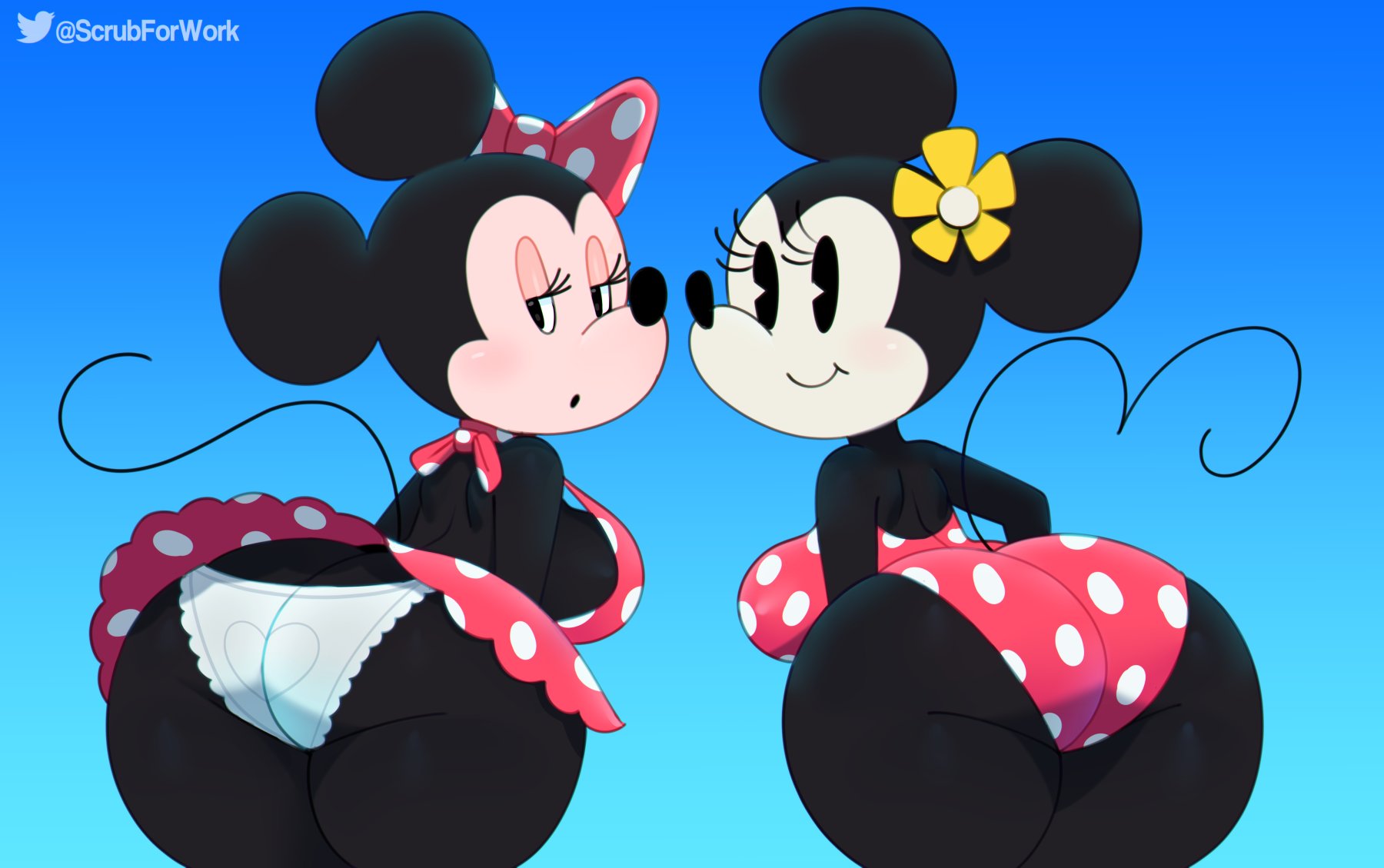 2girls, anthro, ass, ass cleavage, ass crack, big ass, big breasts, big butt, bottom heavy, breasts, bubble ass, bubble butt, butt crack, disney, duo, eyelashes, fat ass, female, female only, fur, furry, furry only, hi res, huge ass, large ass, looking at viewer, looking back, minnie mouse, panties, presenting, presenting hindquarters, seductive, seductive smile, somescrub, tail, thick ass, thick thighs, upskirt, wide hips