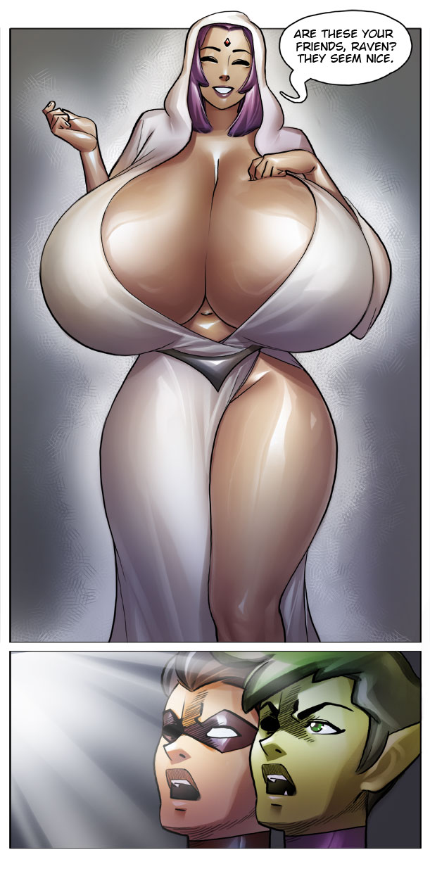 1girls, 2022, 2boys, 5 fingers, alternate breast size, arella roth, beast boy, big breasts, black hair, breast squish, breasts, breasts bigger than head, cleavage, clothed, clothing, curvy, dc, dc comics, dialogue, dick grayson, english text, eyes closed, female, forehead jewel, garfield logan, gigantic breasts, green eyes, green skin, huge breasts, human, hyper breasts, large breasts, light skin, light-skinned female, light-skinned male, male, mask, mature female, milf, navel, oblivious, open mouth, ph, purple hair, robin (dc), robin (dick grayson), smile, speech bubble, teen titans, text, thick thighs, thighs, top heavy, voluptuous