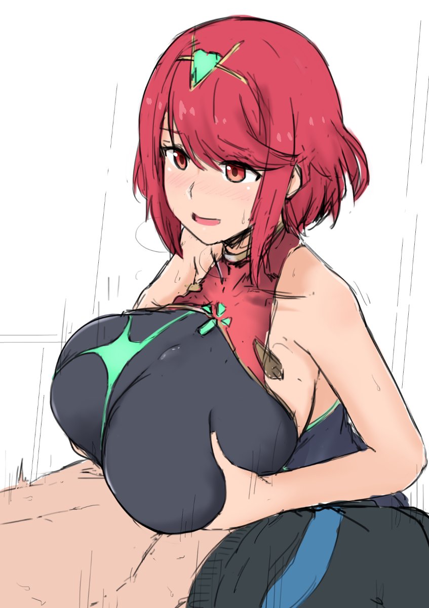 1boy, 1girls, breasts, clothed, clothed female, clothed paizuri, colored, duo, faceless male, female, female focus, fully clothed, huge breasts, male, nao (ritsancrossover), one-piece swimsuit, outercourse, paizuri, paizuri under clothes, pyra, red hair, simple background, straight, swimsuit, uncensored, white background, xenoblade (series), xenoblade chronicles 2