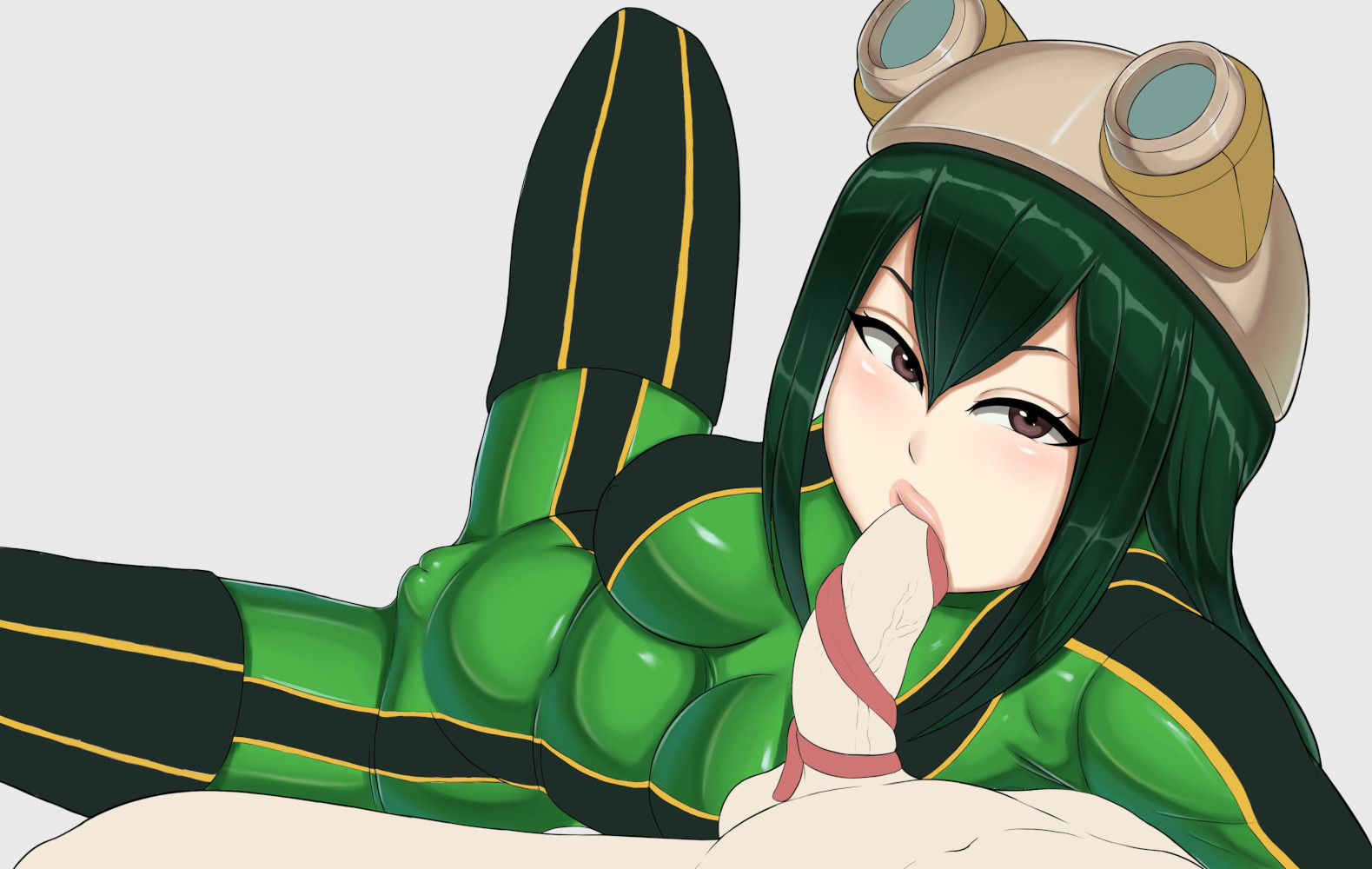 1boy, 1girls, abyssdagon, bodysuit, boots, breasts, cameltoe, clothed, fellatio, female, hero outfit (mha), human, looking at viewer, male, mostly clothed, my hero academia, oral, penis, pussy, sex, sketch, skin tight, solo focus, spread legs, straight, tongue, tongue around penis, tsuyu asui, unseen male face, work in progress