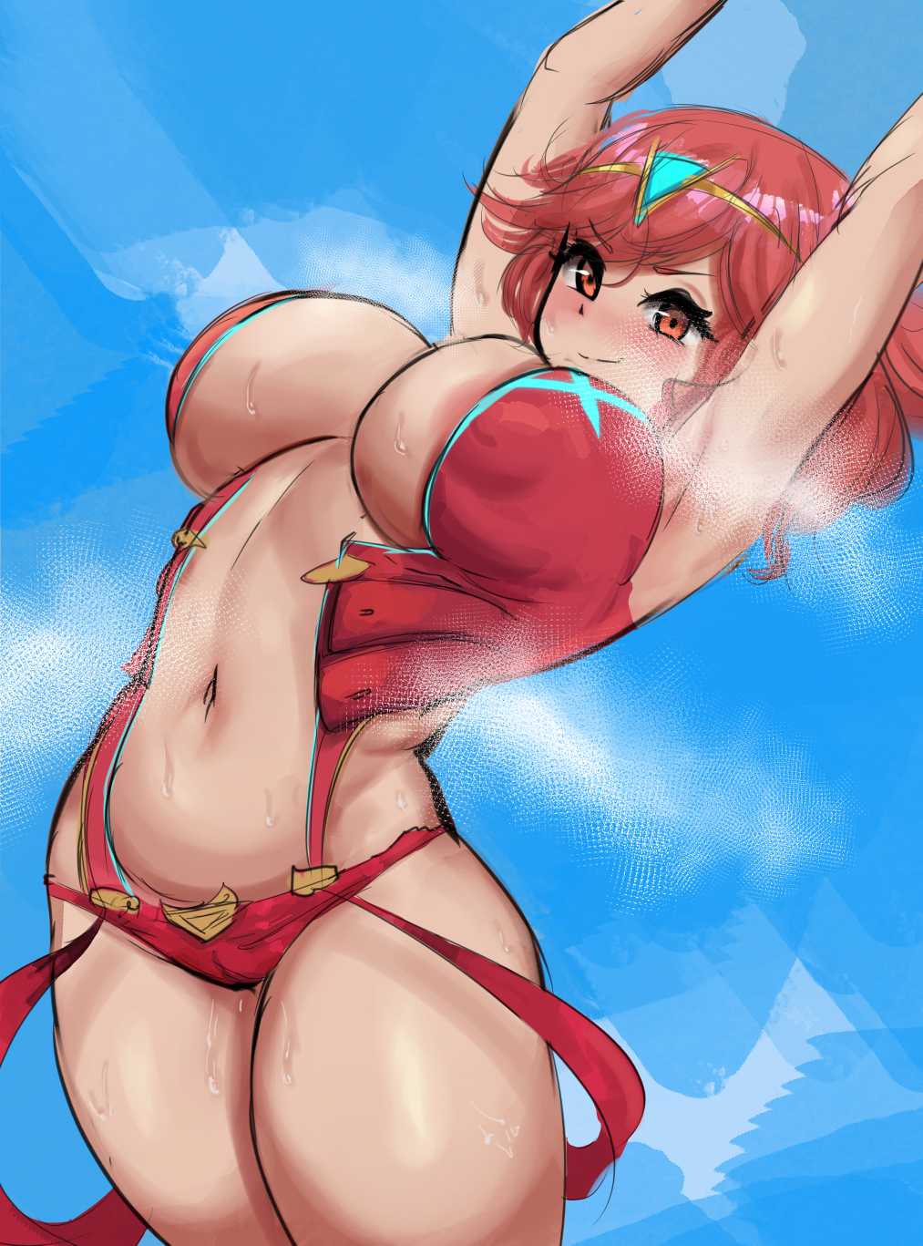 1girls areola areola_slip armpits arms_up belly big_nipples blush breasts circlet cleavage clothed clothes clothing eyes female female_only hair hips huge_breasts large_breasts looking_at_viewer navel nipples_visible_through_clothing pyra red_eyes red_hair silver_queen solo solo_female stomach sweat sweatdrop tagme thick_thighs thighs wide_hips xenoblade_(series) xenoblade_chronicles_2