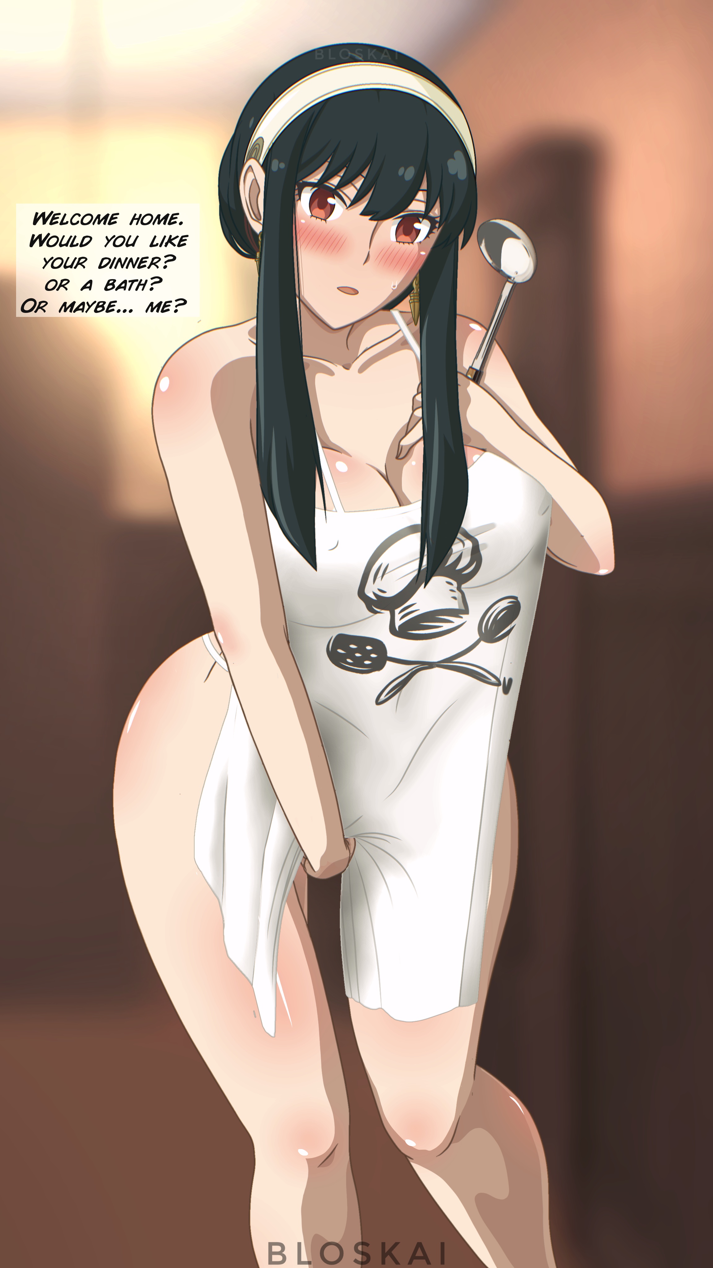 1girls, apron, apron only, black hair, bloskai, blush, female, female only, grabbing, human, red eyes, solo, spy x family, yor briar, yor forger