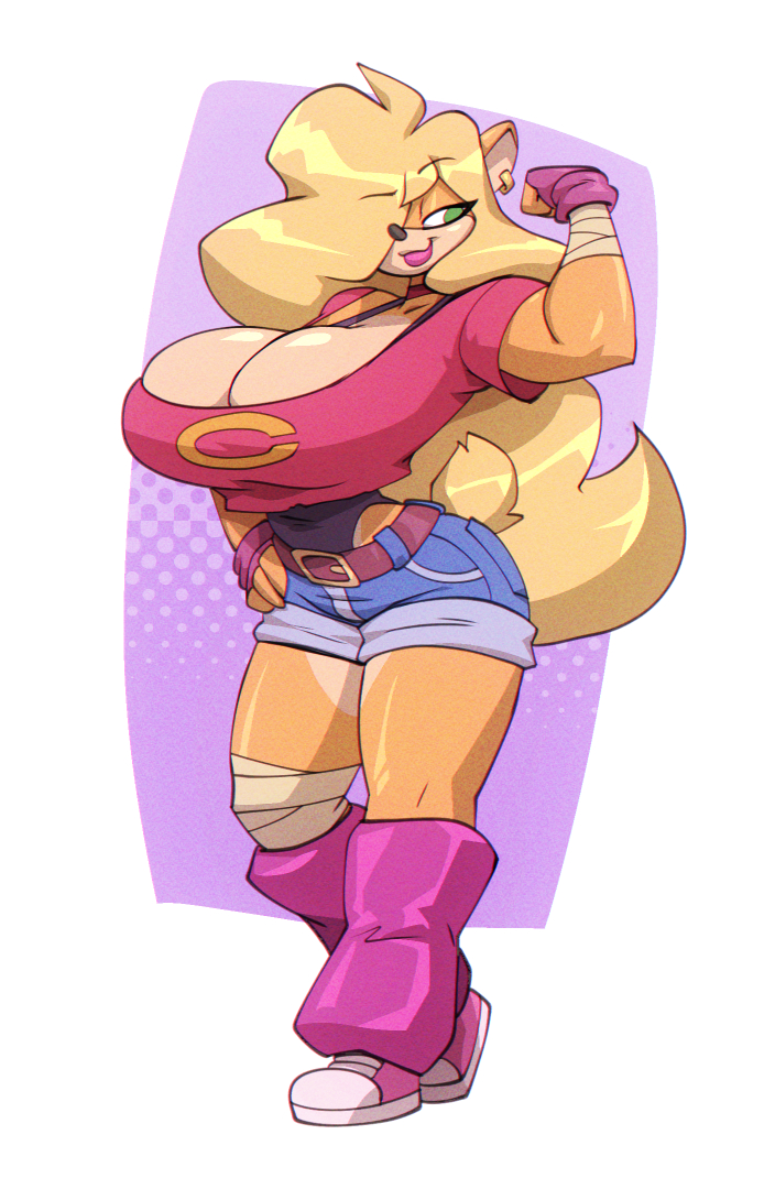 2021, activision, anthro, armpits, bandage, bandicoot, biceps, big breasts, bigdad, blonde hair, bottomwear, breasts, cleavage, clothed, clothing, crash (series), crop top, female, fingerless gloves, flexing, fur, furry, furry only, gloves, hair, hair over eye, handwear, hotpants, huge breasts, large breasts, leg warmers, legwear, leotard, mammal, marsupial, one eye obstructed, piercing, purple background, shirt, shorts, solo, standing, tail, tawna bandicoot, thick thighs, topwear, video games, white background