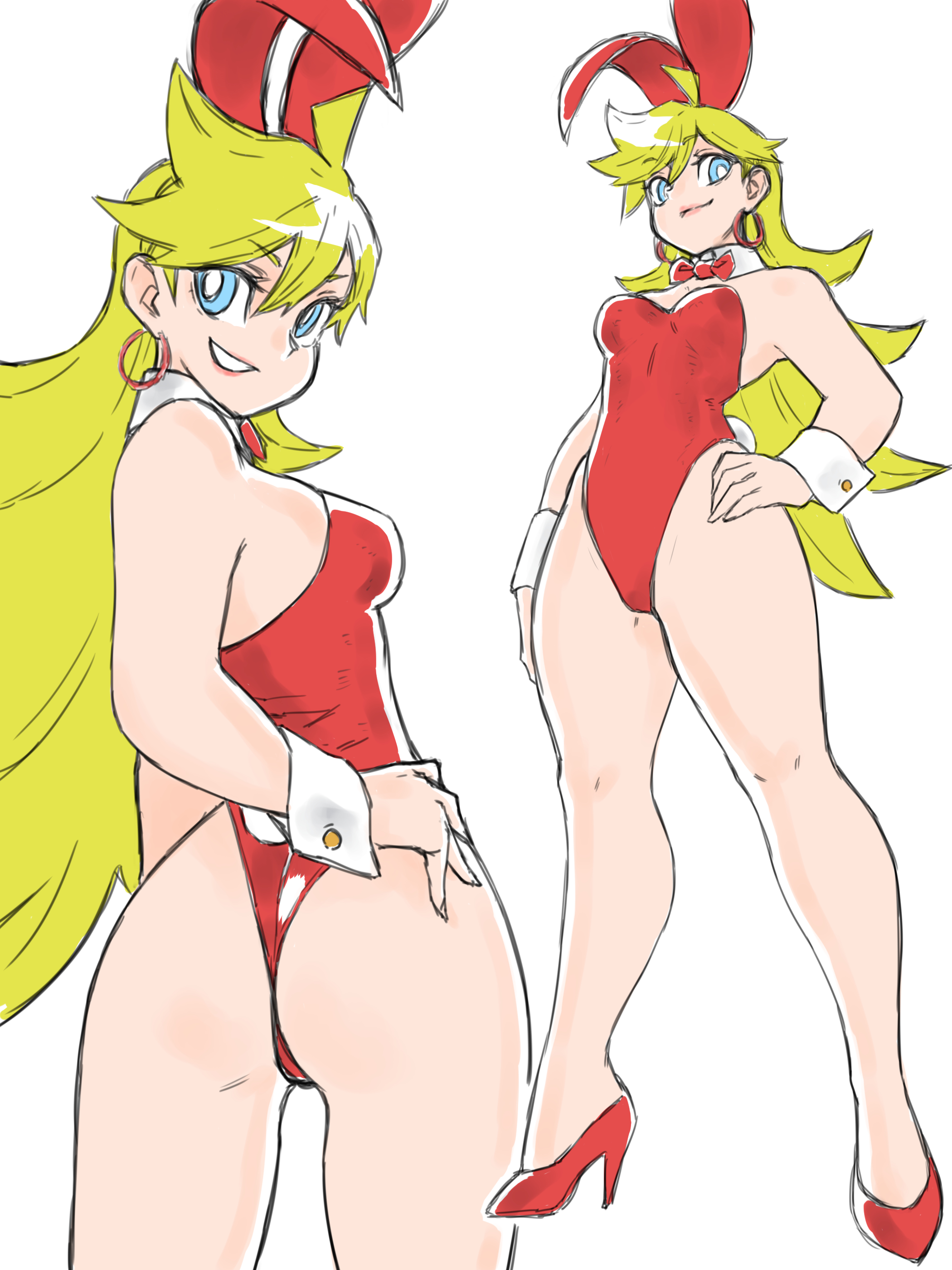 1girls, absurdres, angel, ass, blonde hair, blue eyes, breasts, bunny ears, bunny tail, bunnysuit, cleavage, female, high heels, highres, hoop earrings, legs, leotard, long hair, messy hair, panty & stocking with garterbelt, panty anarchy, red heels, red leotard, toshinoshin00, white background