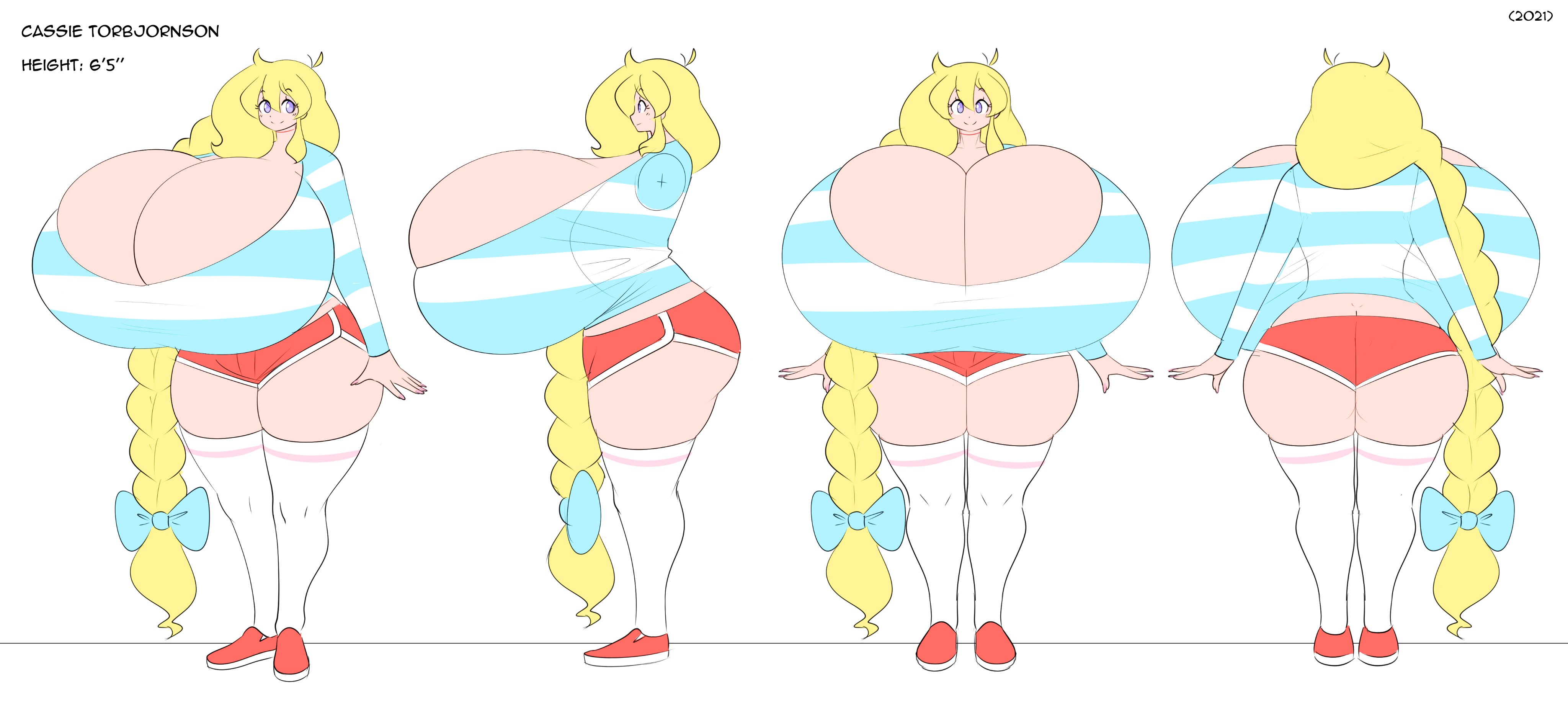 1girls, ass, big ass, big thighs, blonde hair, braid, breast focus, breasts, breasts bigger than head, busty, cassie (theycallhimcake), character sheet, cleavage, enormous breasts, fat ass, female, giant breasts, huge ass, hyper, hyper breasts, long hair, short shorts, shorts, smile, striped shirt, tall female, theycallhimcake, thick thighs, wide hips