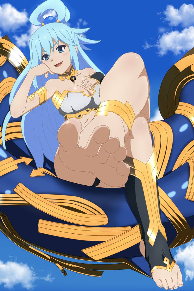 aqua (konosuba), blue eyes, blue hair, breasts, cleavage, cosplay, fate (series), fate/grand order, feet, female, female human feet, female only, human, human only, ishtar (fate/grand order), kono subarashii sekai ni shukufuku wo!, looking at viewer, smile, soles, solo, stirrup legwear, toes, zorzero
