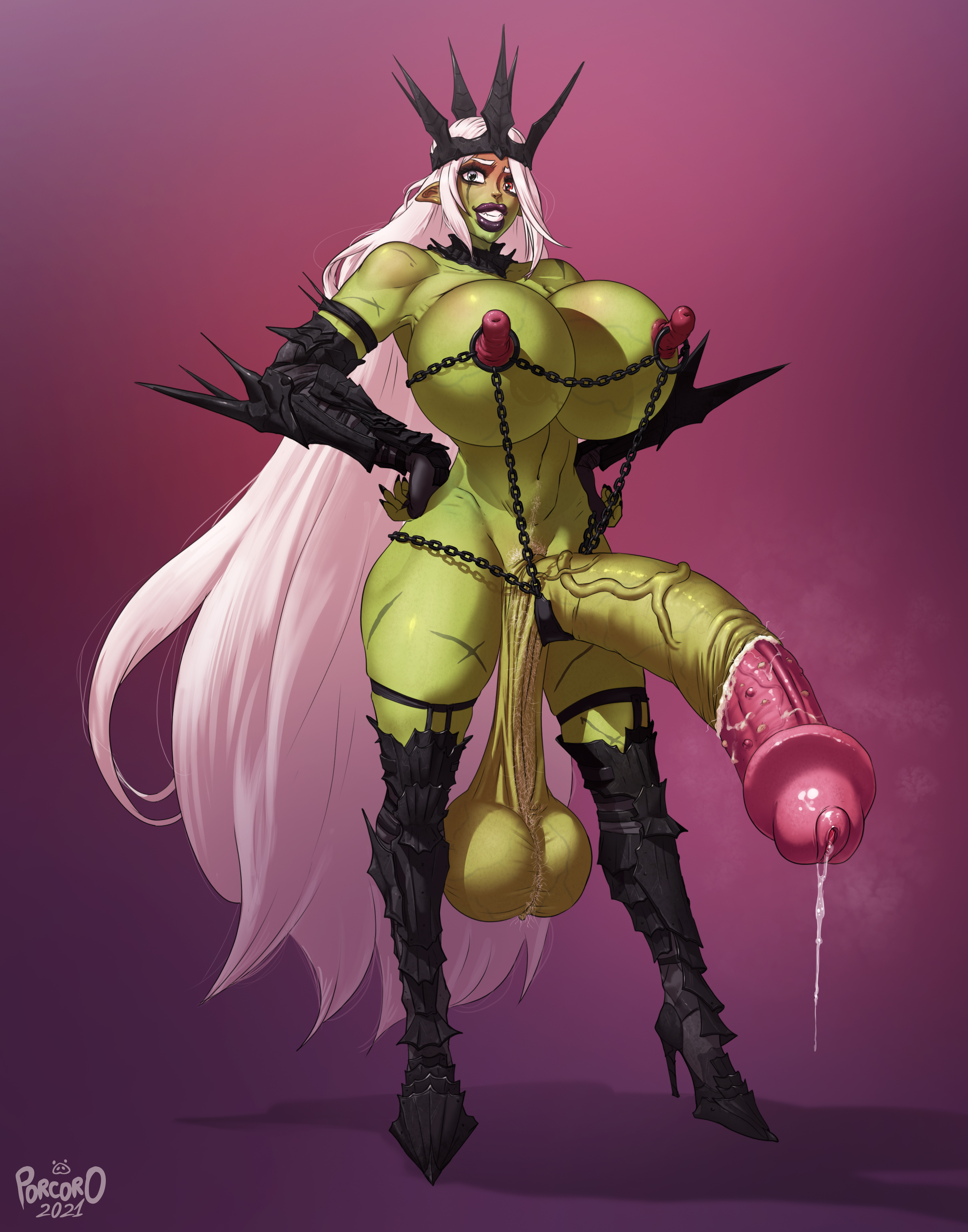 armor, balls, bikini armor, breasts, chains, flared penis, foreskin, futa only, futanari, green skin, high heel boots, high heels, huge breasts, huge cock, intersex, leaking, long nipples, orc, orc futa, penis, porcoro, precum, sagging balls, smegma, smegma in foreskin, the terrible orc queen, uncircumcised, warts